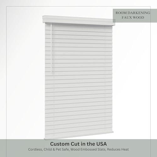 Lumino Lumino 2-Inch Cordless Faux Wood Blinds, 67.75" Width x 60" Length, White - Custom for All Window Sizes, Wood Embossed Slats, Crown Valance, Venetian for Indoor Windows