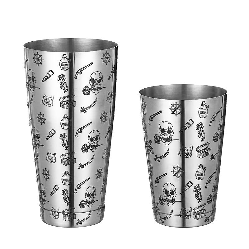 Cocktail Geek Cocktail Shaker Set - 5-Piece Bar Accessories Kit w/Weighted Boston Shaker, Strainer, Jigger, Mixing Spoon with Etched Skull Rose Pattern