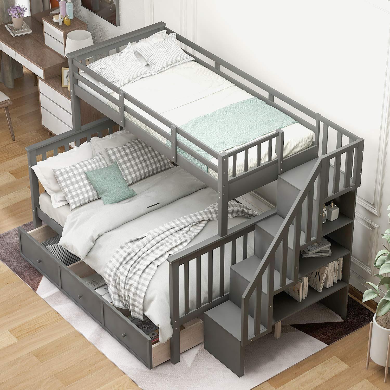 RUNNA Stairway Bunk Bed with 3 Drawers, Solid Wood Twin Over Full Bunk Bed with Storage Shelf and Guard Rail for Kids/Adults, Can be Divided Into Two Individual Beds, No Box Spring Needed (Gray)