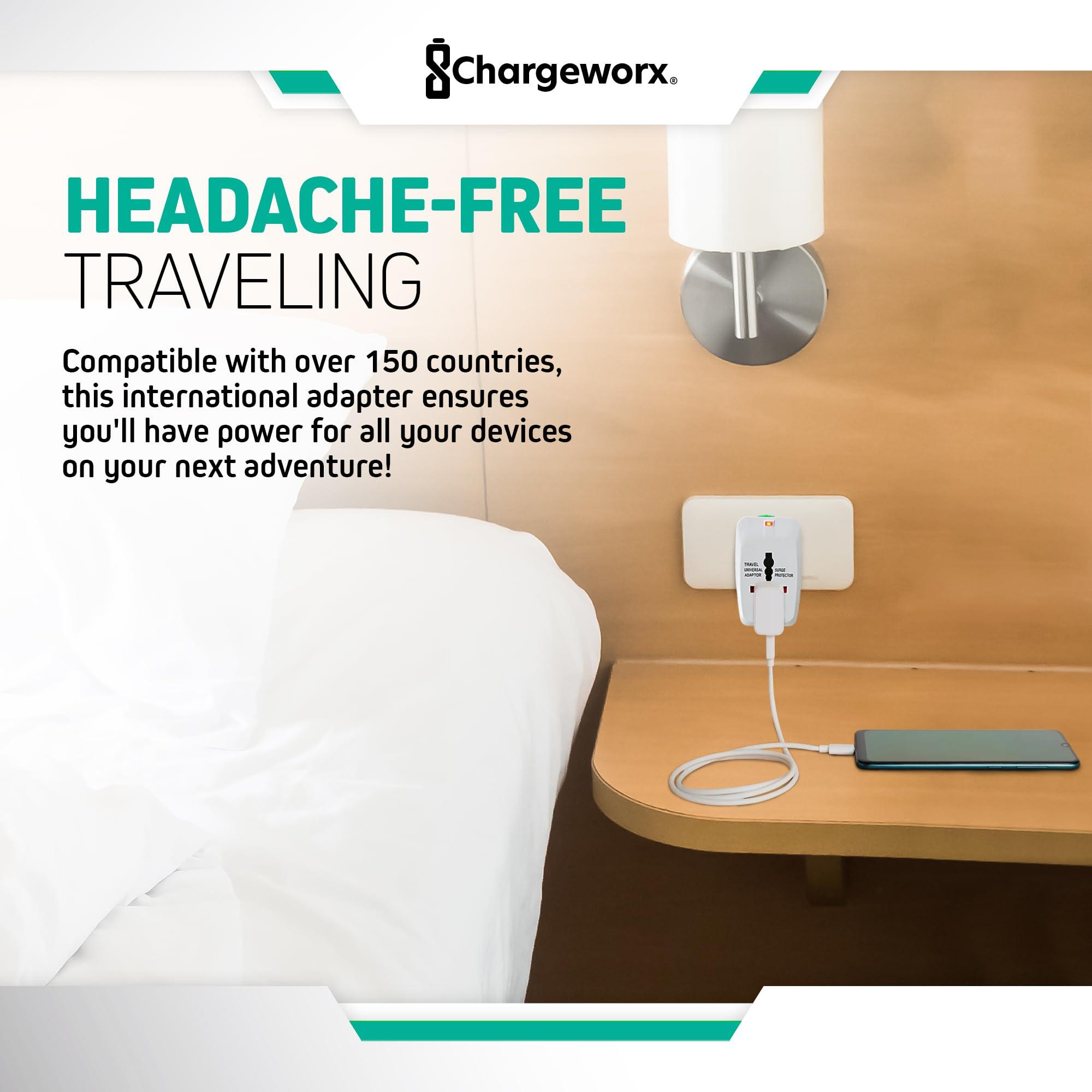 CHARGEWORX ChargeWorx International Power Adapter Plug, US, EU & UK Plugs Built-in, European Travel Plug Adapter, Surge Protector, LED Power Light, Portable Universal Travel Adapter Works in Over 150 Countries