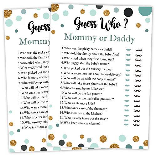 Antgiftshop 25 Guess Who Mommy or Daddy Fun Baby Shower Game Idea For Girl or Boy Cute Gold Gender Neutral Party, Funny Activity Questions at Gender Reveal Bundle, Party Activities Supplies For Kids, Mom, Dad