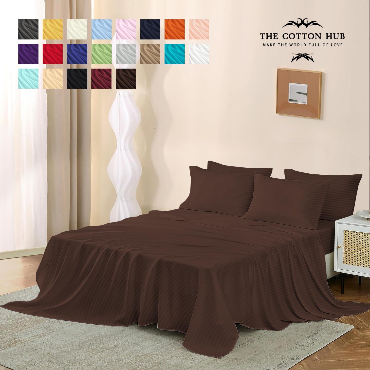The Cotton Hub Alaska King Size 4-Piece Sheet Set 600 Thread Count Peruvian Pima Cotton Bed Sheets fits up to 7-9 inch Deep Pocket (Stripe, Chocolate)