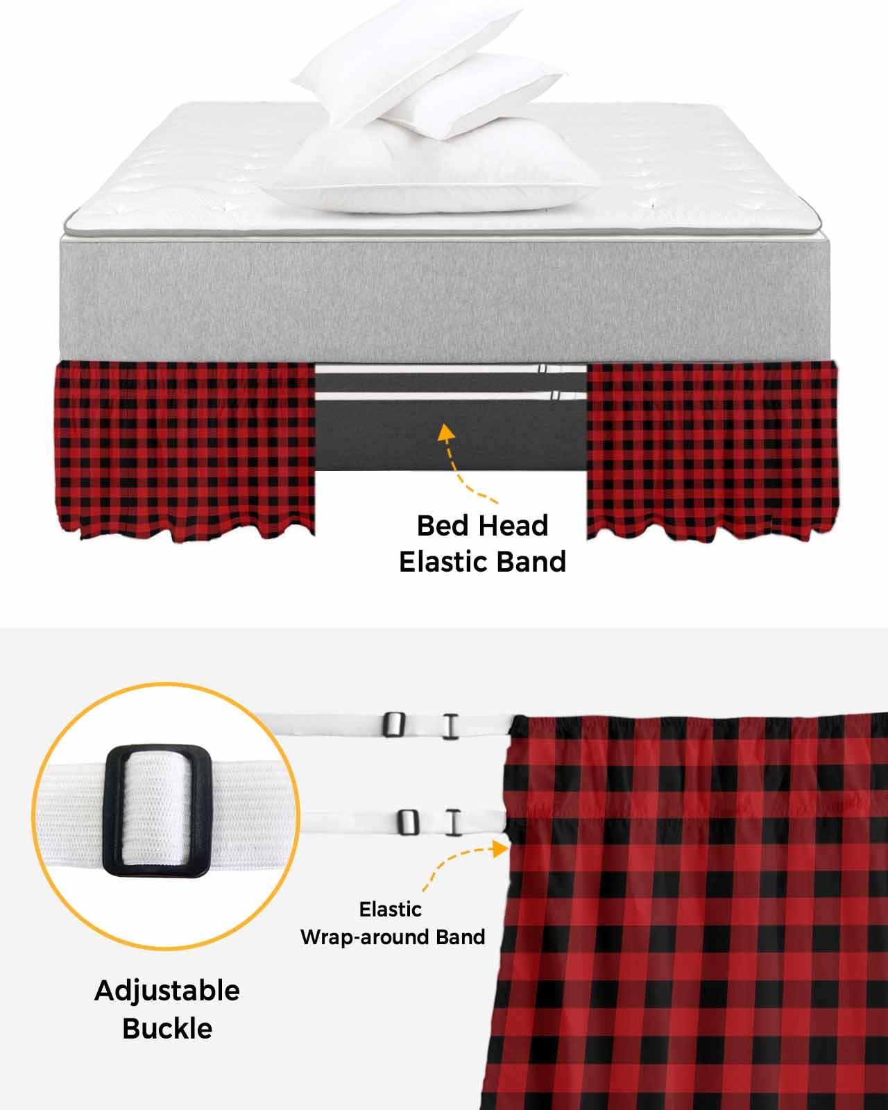 RisQiten Red Black Plaid Bed Skirt Queen Size 16 Inch Drop, Adjustable Elastic Bedskirt Dust Ruffle for Queen Bed, Farmhouse Checkered Buffalo Wrap Around Bed Skirts Luxurious Pleated Bed Frame Cover