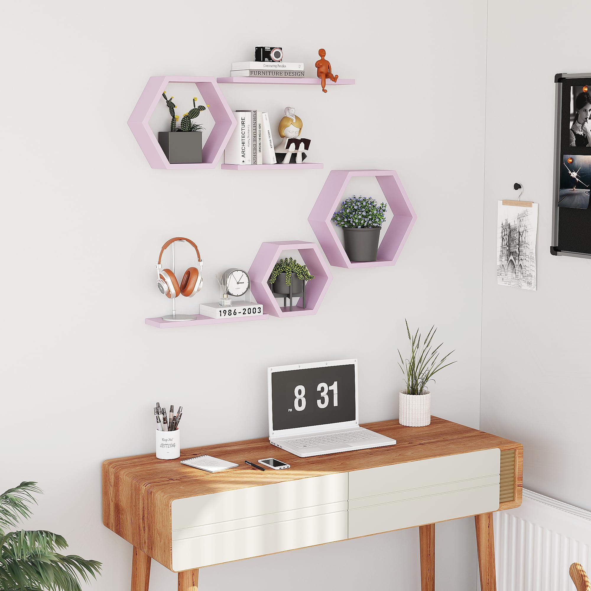 LUDORU LUDORU Wooden Hexagon Floating Shelves Wall Mounted,Set of 6 Pine Hexagon Shelves Display for Photos,Plants,Rustic Honeycomb Shelves for Living Room,Bedroom,Bathroom, Kitchen, Office Decor, Pink