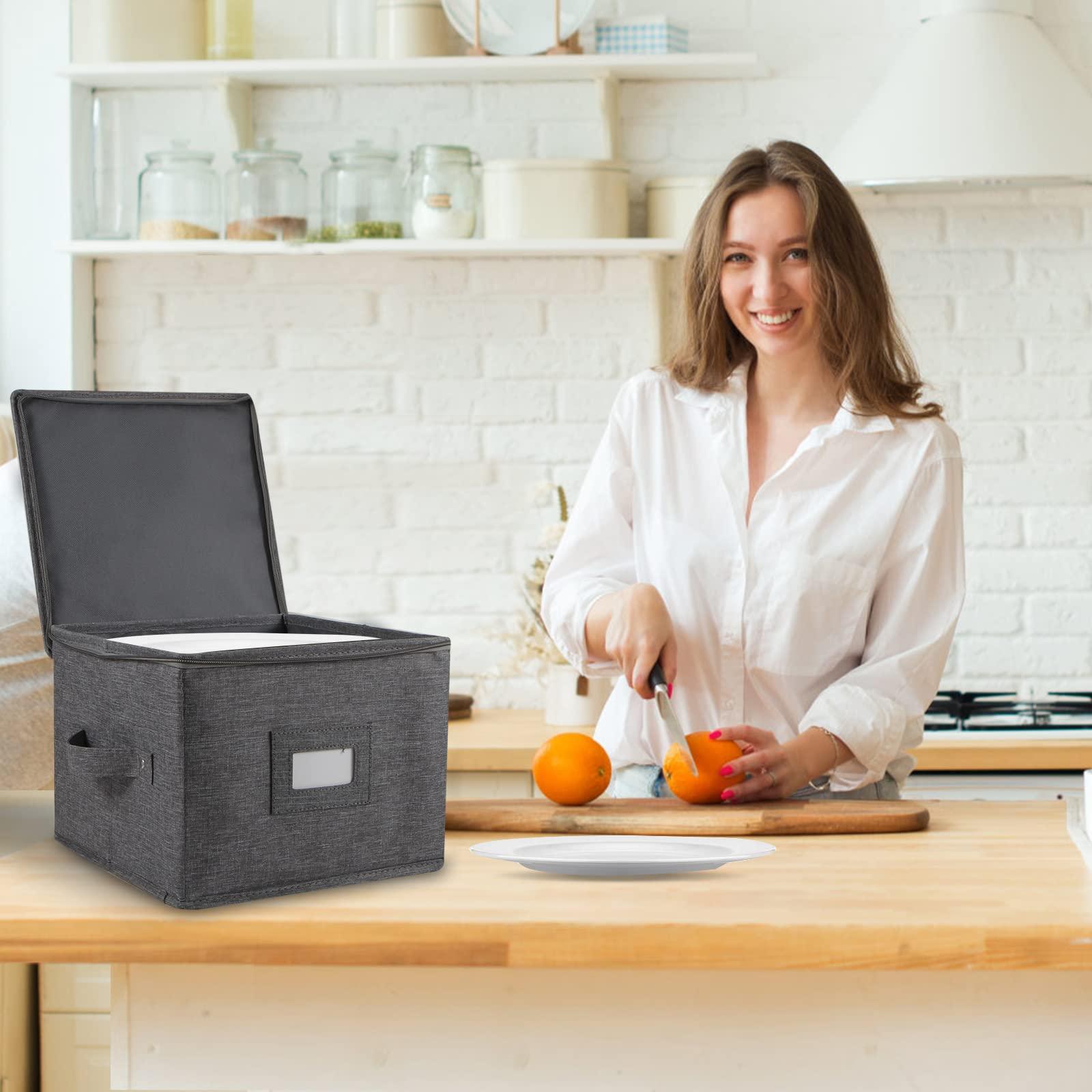 popoly popoly China Storage Container for Bowls or Dessert Plates, 8.5" W x 6" H Plate Storage Case with 24 Felt Dividers, Hard Shell and Stackable (2 Pack Grey)