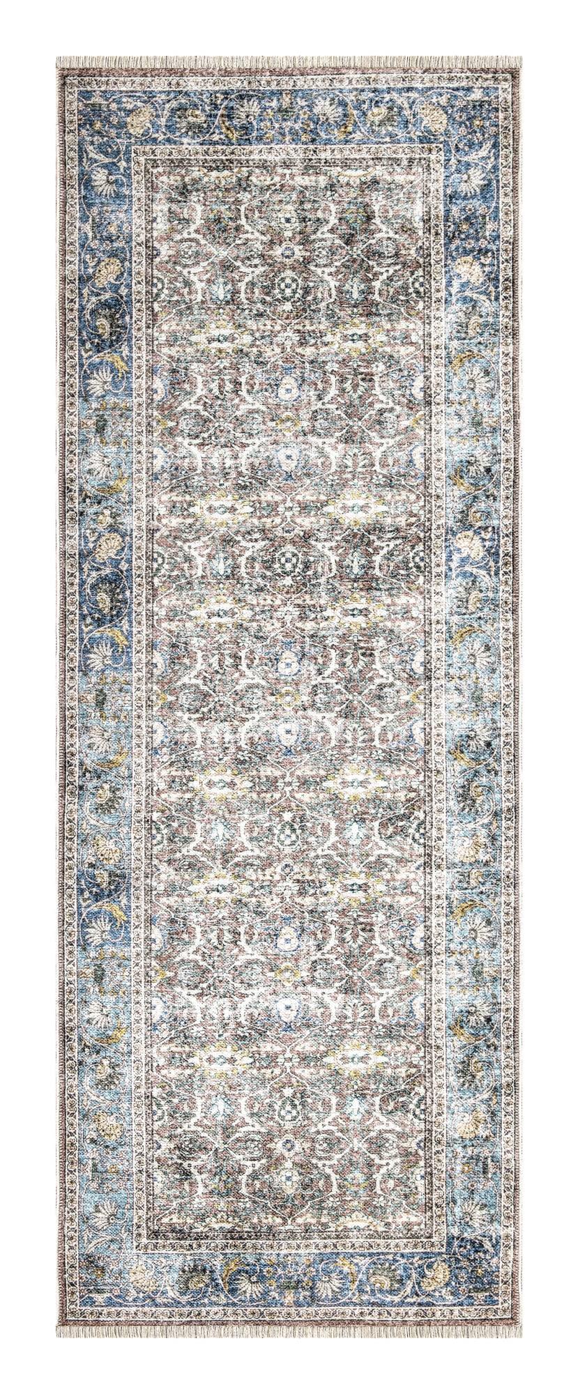 Bloom Rugs Bloom Rugs Caria Washable Non-Slip 10 ft Runner - Blue/Red Brown Traditional Runner for Entryway, Hallway, Bathroom, and Kitchen - Exact Size: 2\'6\" x 10\'