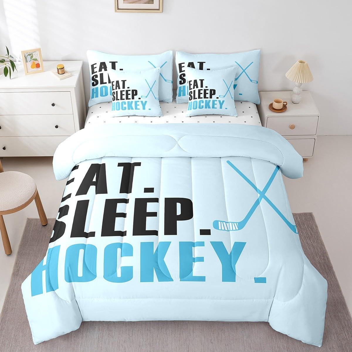 Feelyou Feelyou Ice Hockey Comforter Set with Sheets Queen Size Light Blue Ice Sports Games 7 Pieces Bedding Set for Kids Boys Girls Teens Hockey Player Bed in a Bag Puck Hockey Bed Set