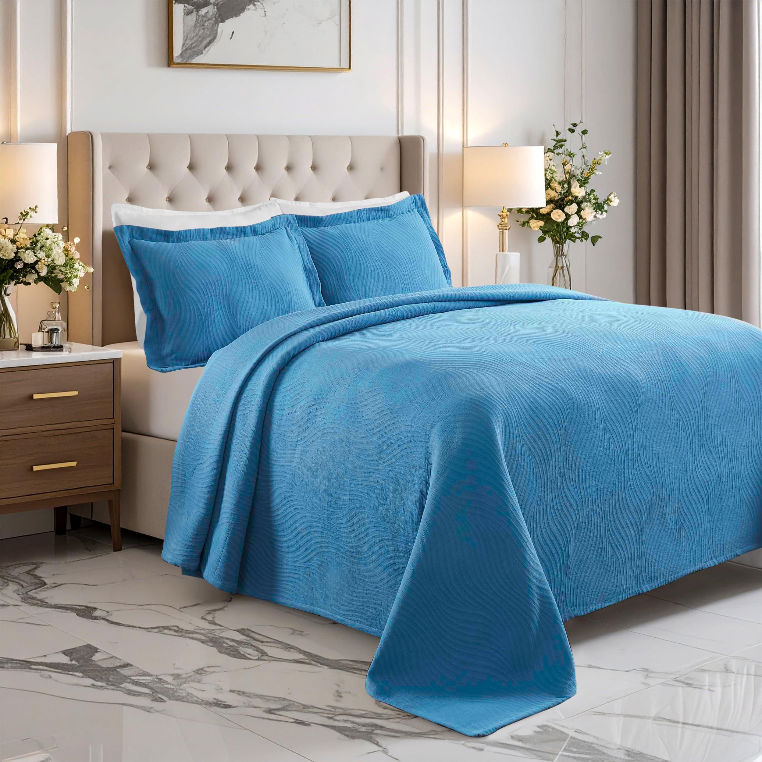 Superior Superior Cascade Cotton 2 Piece Bedspread Set, Home Bed Decor, Decorative Textured Bed Spread, 1 Pillow Sham, Airy Blanket, Matelasse Coverlet Bedding, Wave Pattern Design, Twin, Denim Blue