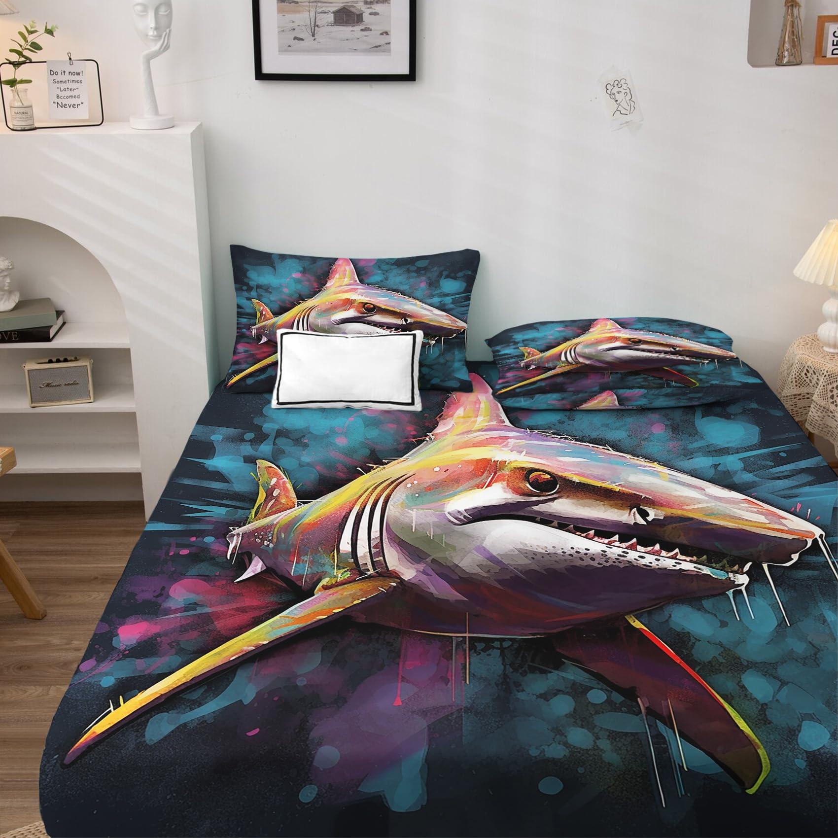 zcsm Shark Sheets Twin XL Size - Graffiti Sea Animal Bed Sheets, Soft Microfiber & Deep Pocket & Wrinkle Free Patterned Bedding Sheets & Pillowcases, 3 Piece ( 1 Fitted Sheet, 1 Flat Sheet, 1 Pillow Case )