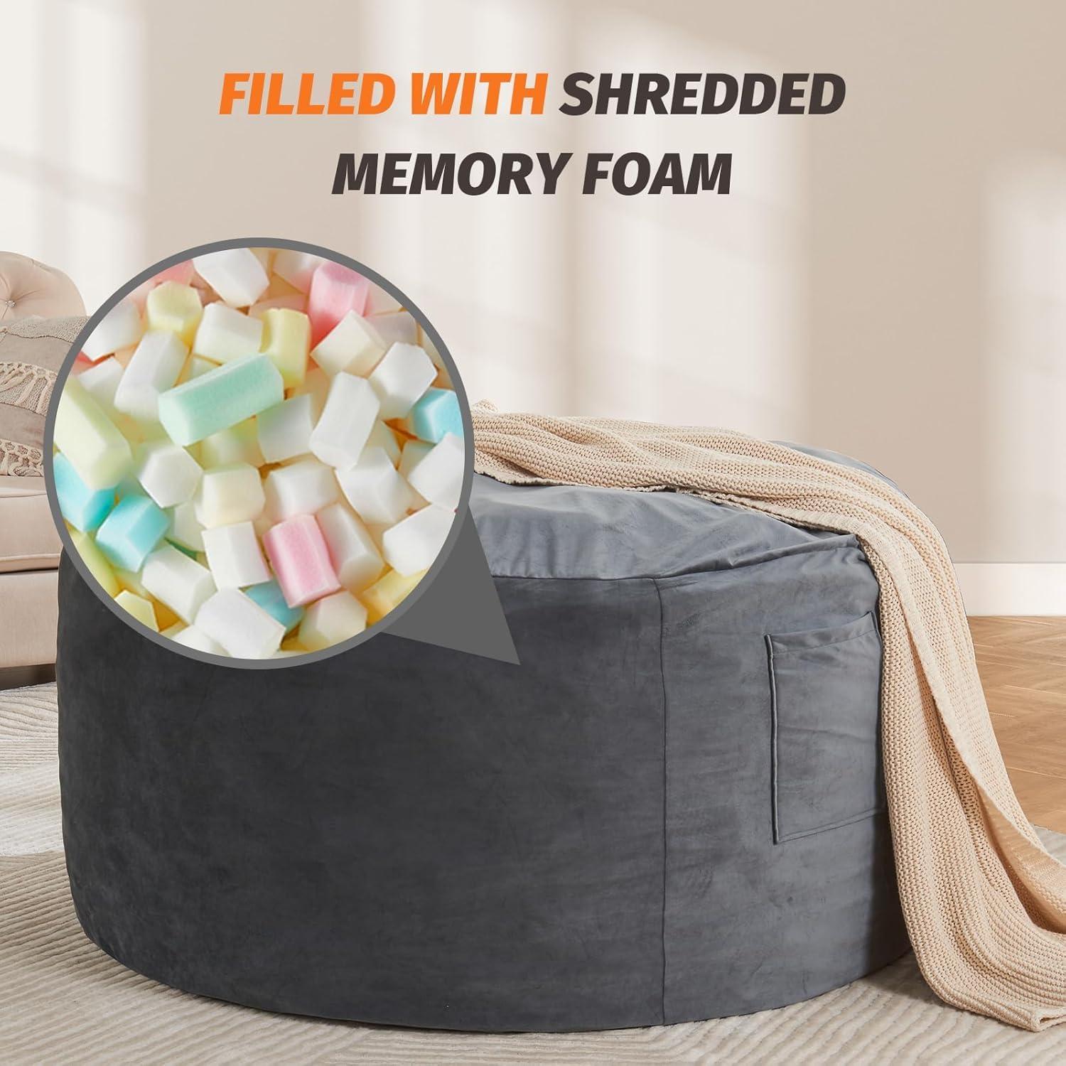 HYTRDFS HYTRDFS Bean Bag Chair, Large Bean Bag Chairs for Adults/Kids with Memory Foam Filled, Removable PV Velvet Cover, Round Bean Bag Couch for Living Room Bedroom College Dorm (7ft,Grey)