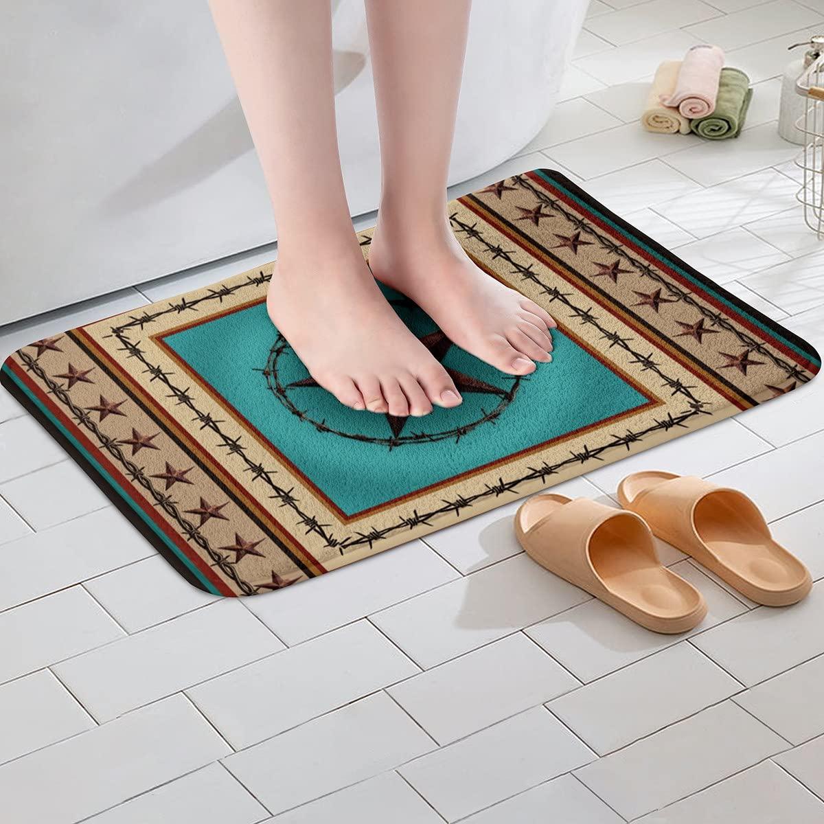 Homewish Western Texas Star Kids Bath Mats,Cowboy Rustic Farmhouse Mats Rugs,Boys Girls Adults Home Decor,Geometric Stripes Patchwork Bath Carpets,Brown Retro Bath Rugs,Absorbent Floor Mats,16Wx24L Inches