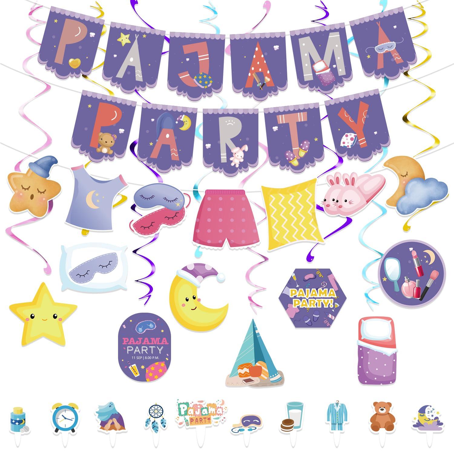 SKIRUP SKIRUP Slumber Party Favors Pajamas Theme Party Suit Pajama Party Decorations Includes Banner Hanging Swirls Cake Topper Balloons Cupcake Toppers Sleepover Party Supplies For Girls