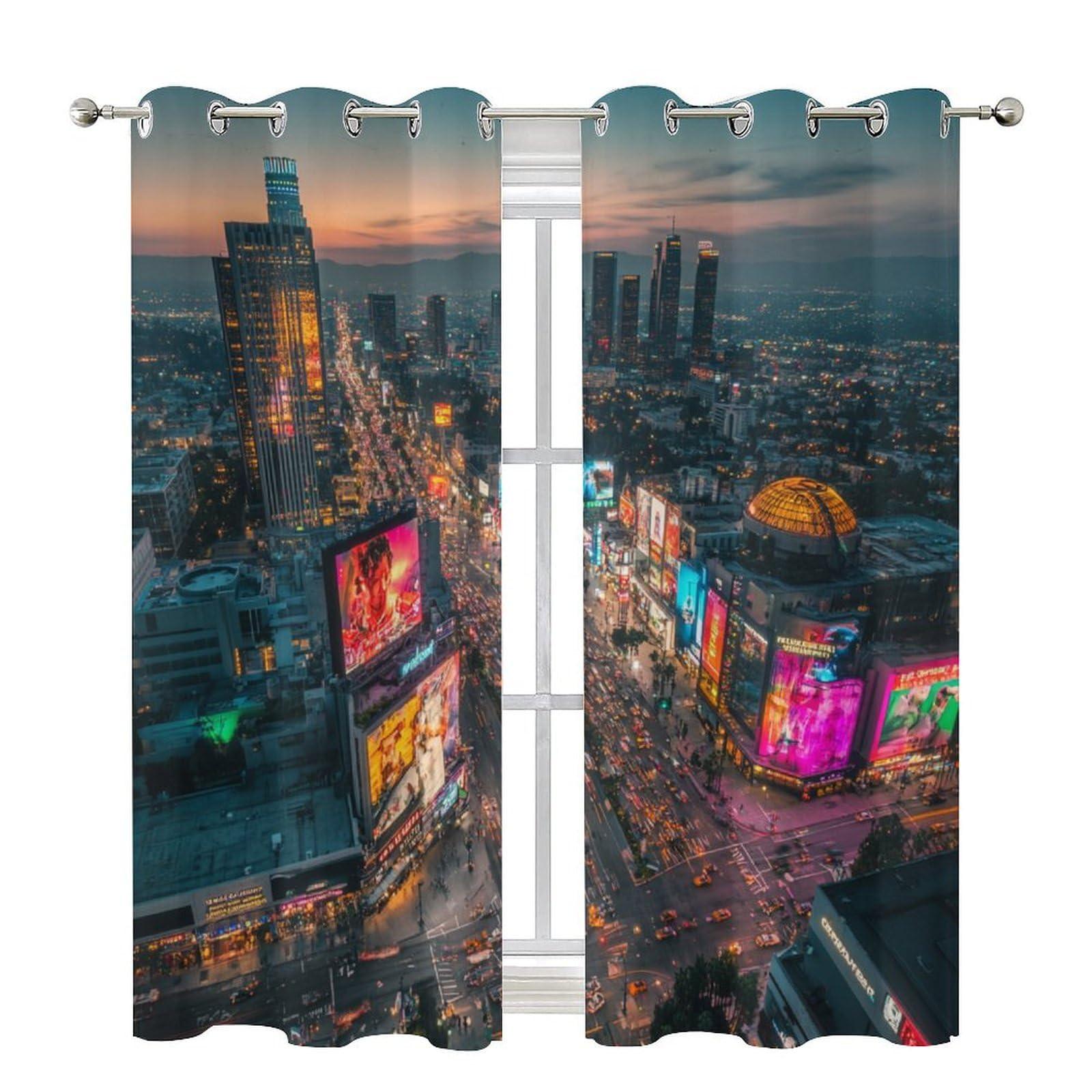 HDESDIS HDESDIS Skyline Urban Sunset Grommet Blackout Curtains for Bedroom, Night Lights Scenic Cityscape Thermal Insulated Curtains Room Darkening Window Drapes, 21W x 63L, 2 Panels