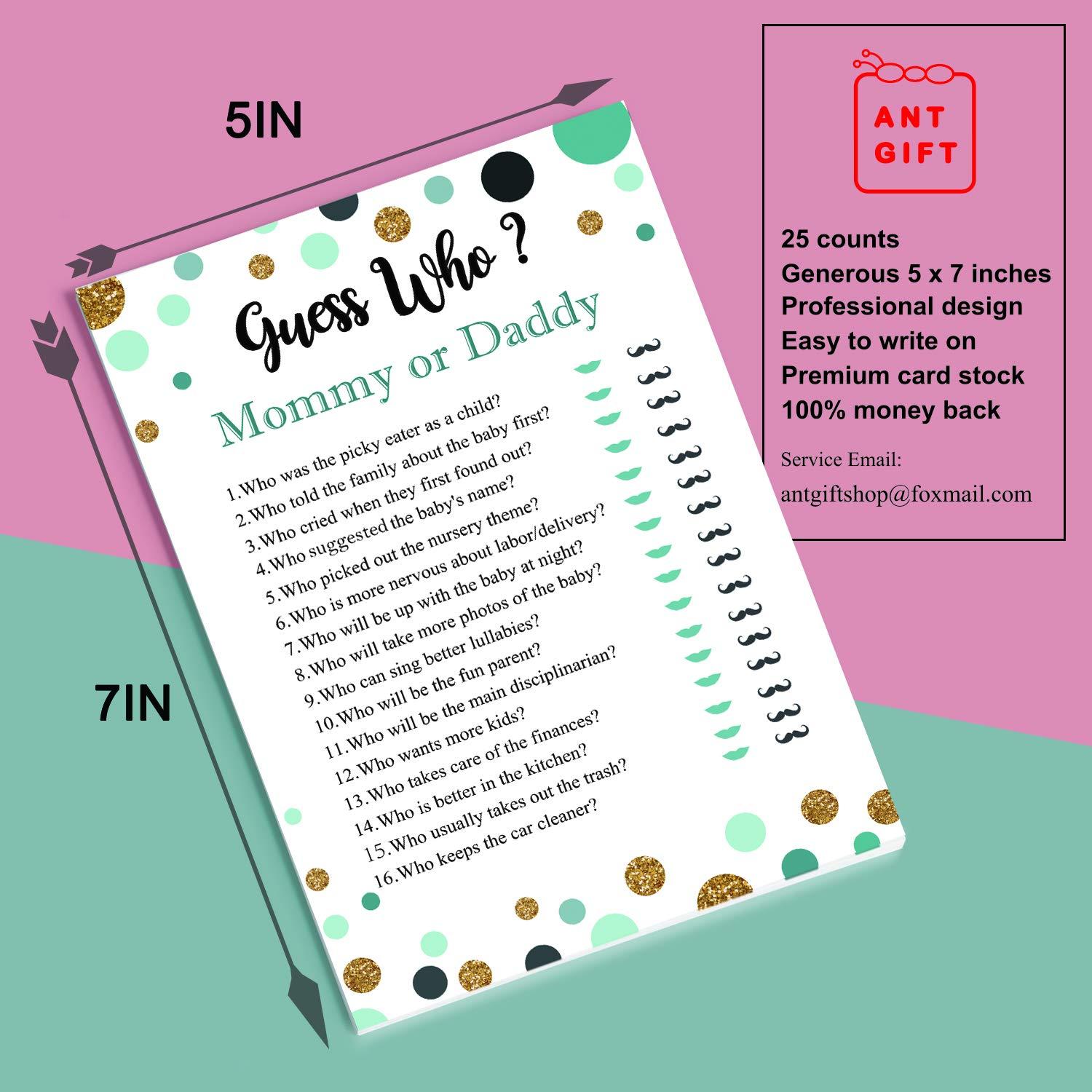 Antgiftshop 25 Guess Who Mommy or Daddy Fun Baby Shower Game Idea For Girl or Boy Cute Gold Gender Neutral Party, Funny Activity Questions at Gender Reveal Bundle, Party Activities Supplies For Kids, Mom, Dad