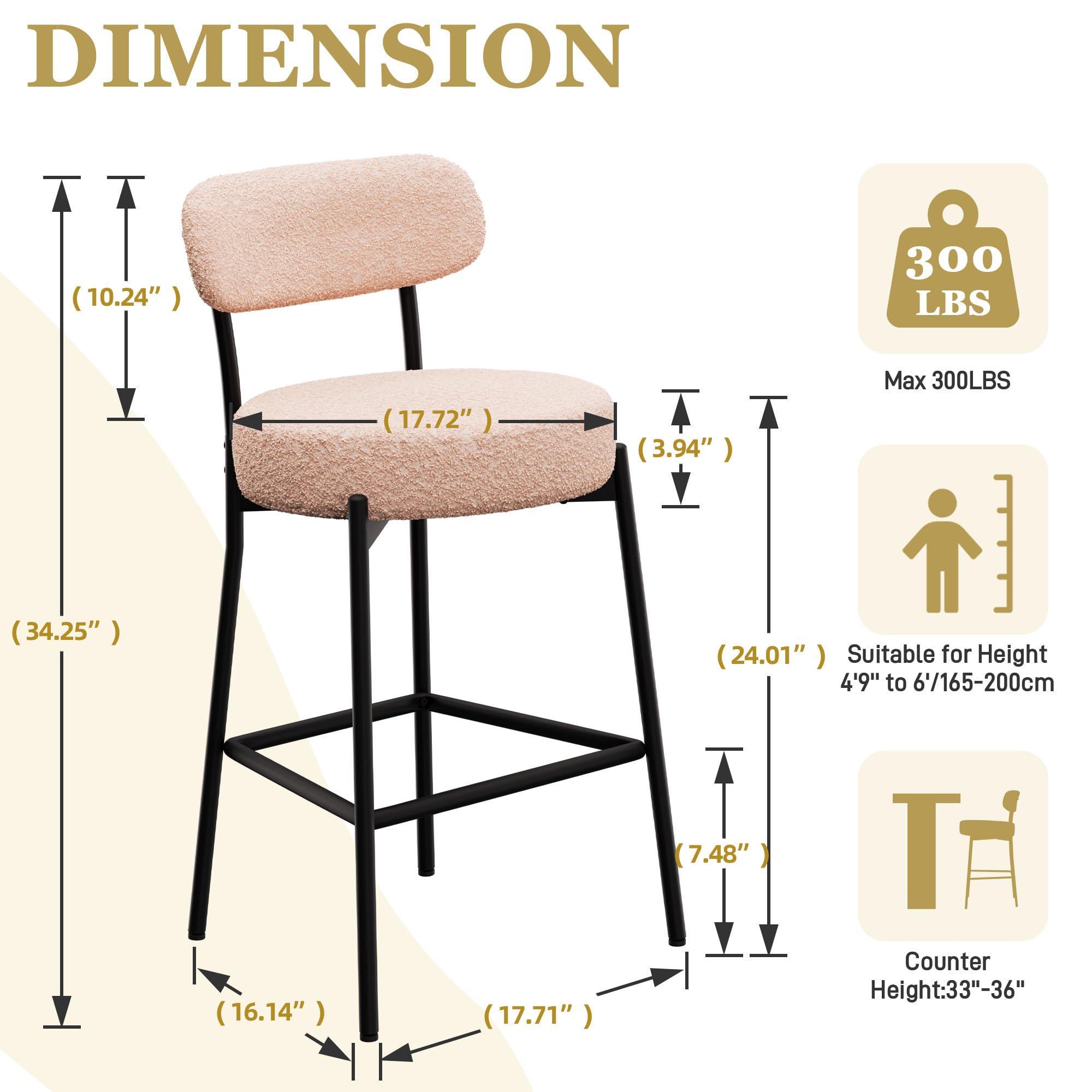 DYHOME DYHOME Bar Stools Set of 3, 24 Inches Modern Counter Height Bar Stools with Curved Back Metal Legs, Beige Upholstered Boucle Barstools for Kitchen Island, Cafe