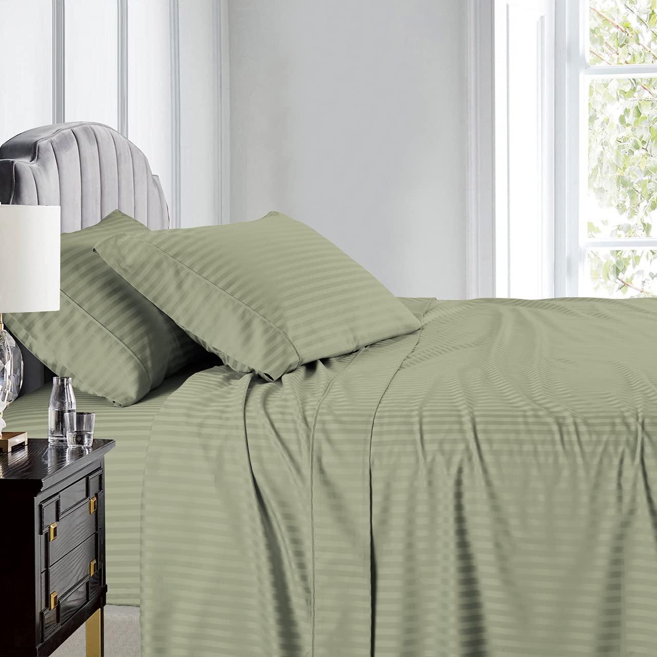 Royal Hotel Bedding Royal Hotel Bedding Stripe Sheets - 600 Thread Count - 4PC Bed Sheet Set - 100% Cotton - Sateen Stripe, Deep Pocket, California King size size, Sage