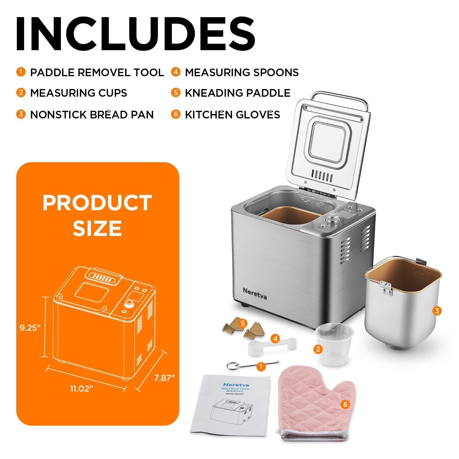Neretva Neretva Bread Maker, [20-IN-1 & Dual Heater & 2LB]Smallest Size Bread Machine Nonstick Ceramic Pan Bread Maker Machines All Metal for Gluten Free/Dough Maker/French/Dried Meat Floss/Jam/Yogurt(Silver)