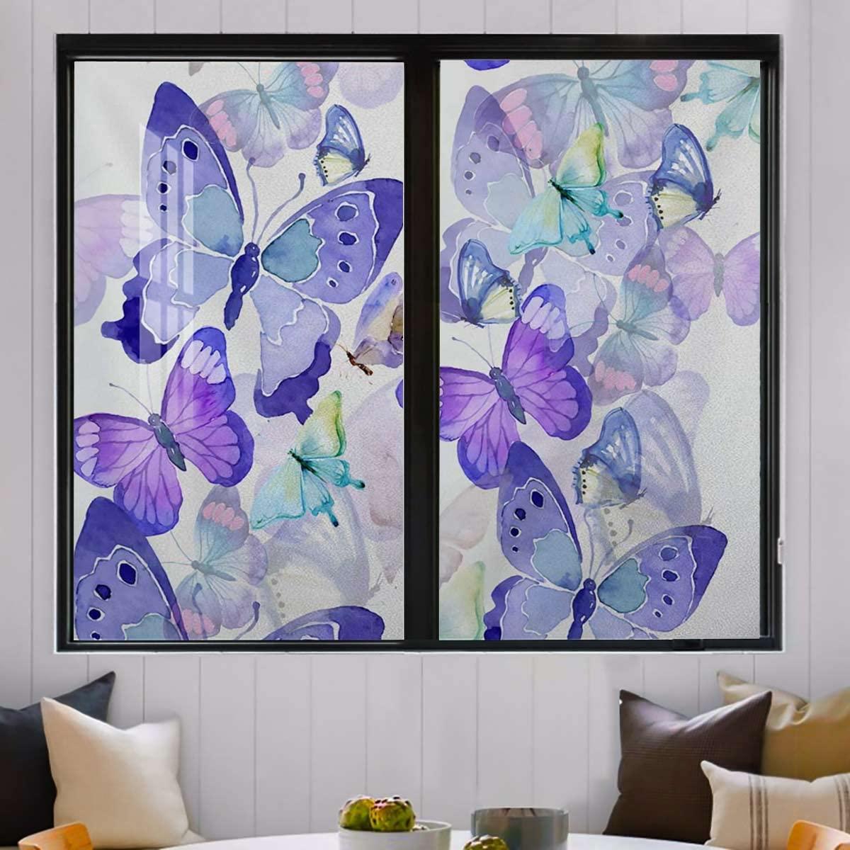 HomeLoft Basics Frosted Privacy Window Film No Glue Glass Door Film Stained Glass Window Tint Static Cling Heat Control Anti UV Freehand Butterfly Multicolor 29.5Wx78.7L-inch x2 Pcs