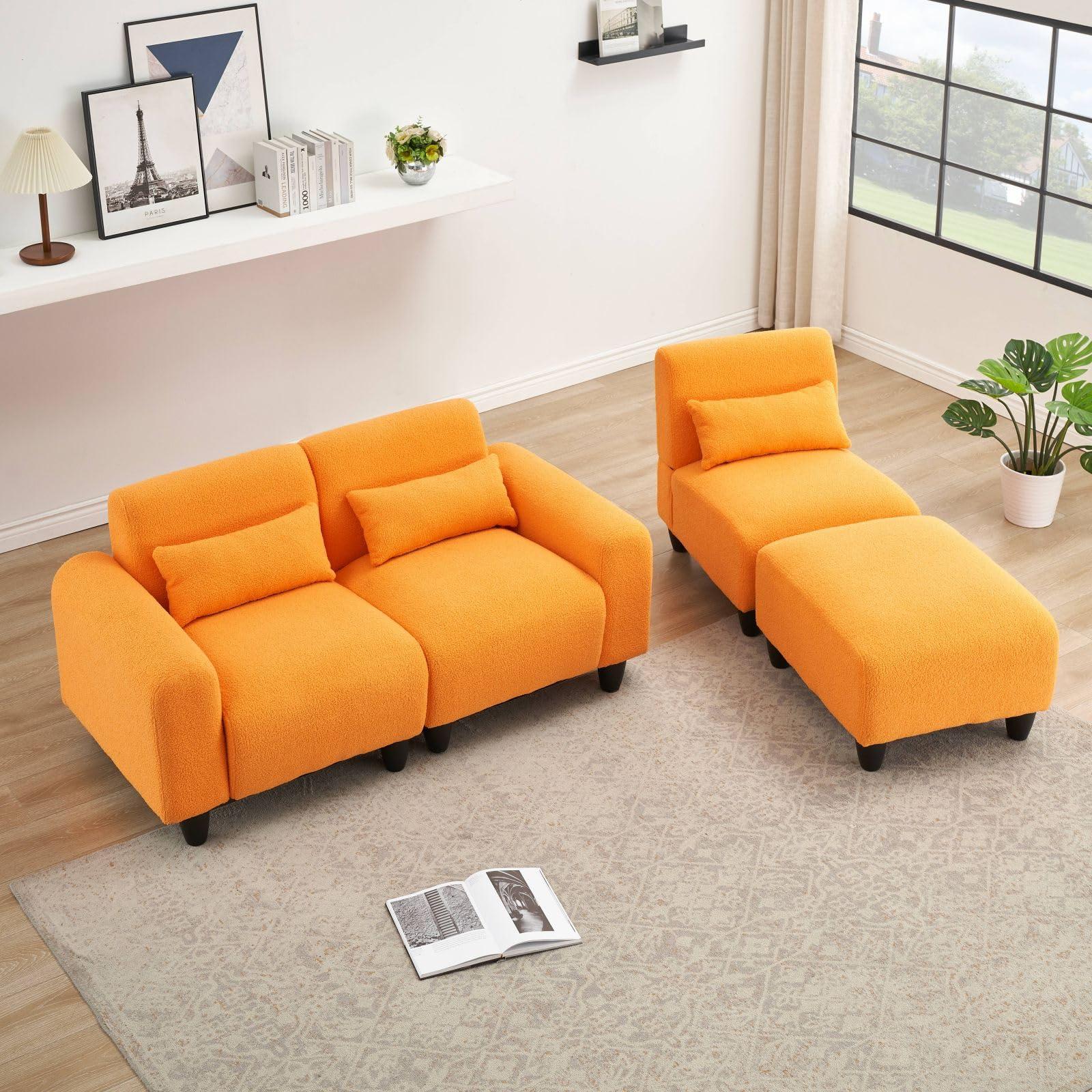 KEVINSPACE KEVINSPACE 84.6" Convertible Sectional Sofa Couch 3-Seat Couch with Convertible Ottoman 3 Pillows Teddy Fabric L-Shape Sofa Indoor Furniture Small Couch for Living Room Apartment Office Orange