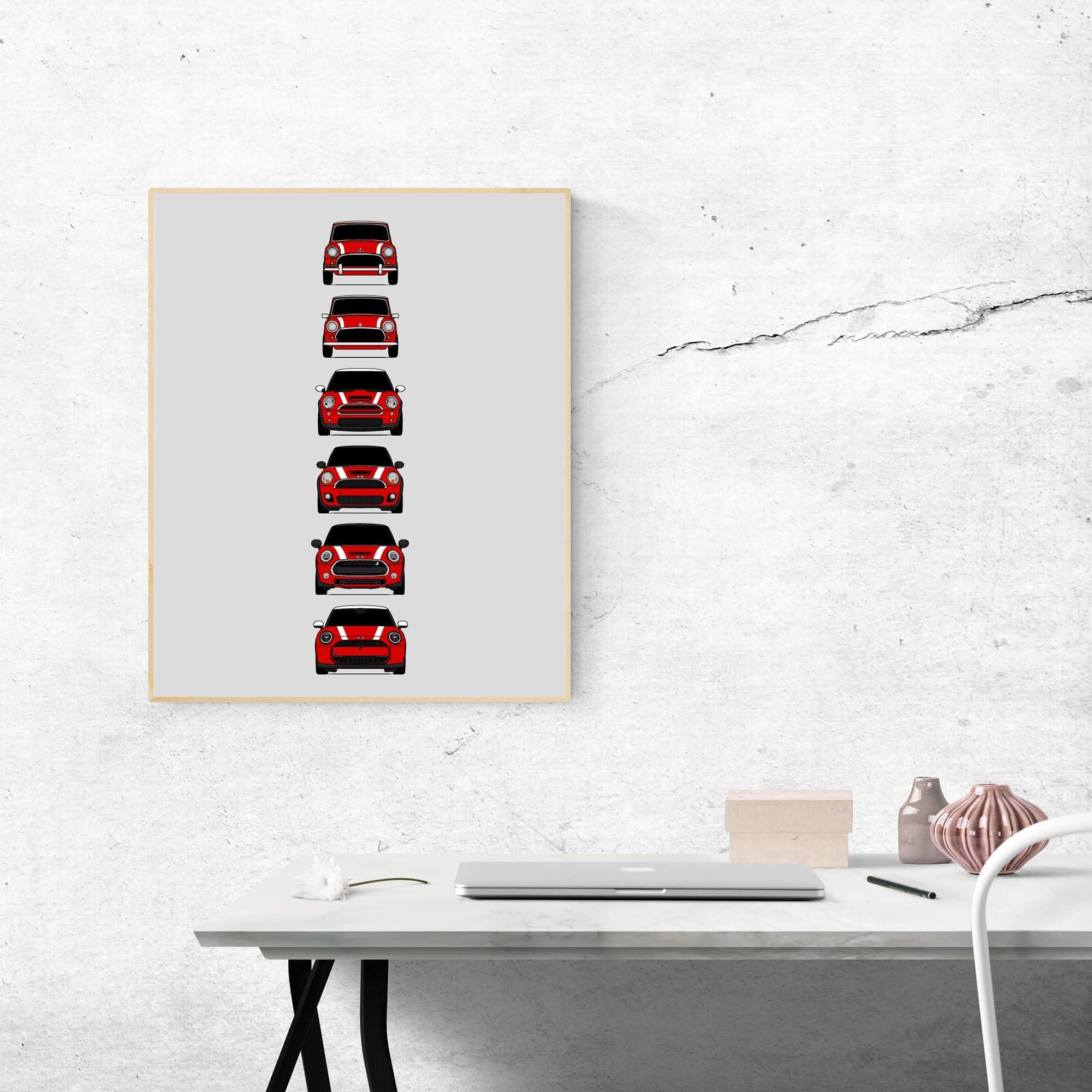 Custom Car Posters Custom Car Posters History of Mini Cooper Generations and Handmade Print of Mini - Red with White Stripes, 24x36\" Satin Print (Unframed)- Gift Car Enthusiast