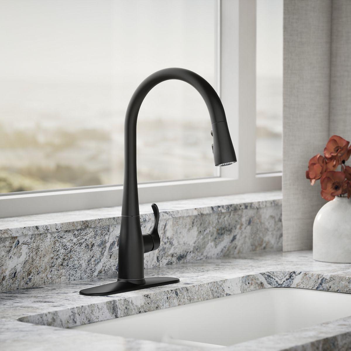 Kohler KOHLER Simplice Pull Down Kitchen Faucet, 3-Spray Faucet, Kitchen Sink Faucet with Pull Down Sprayer, Matte Black, K-596-BL