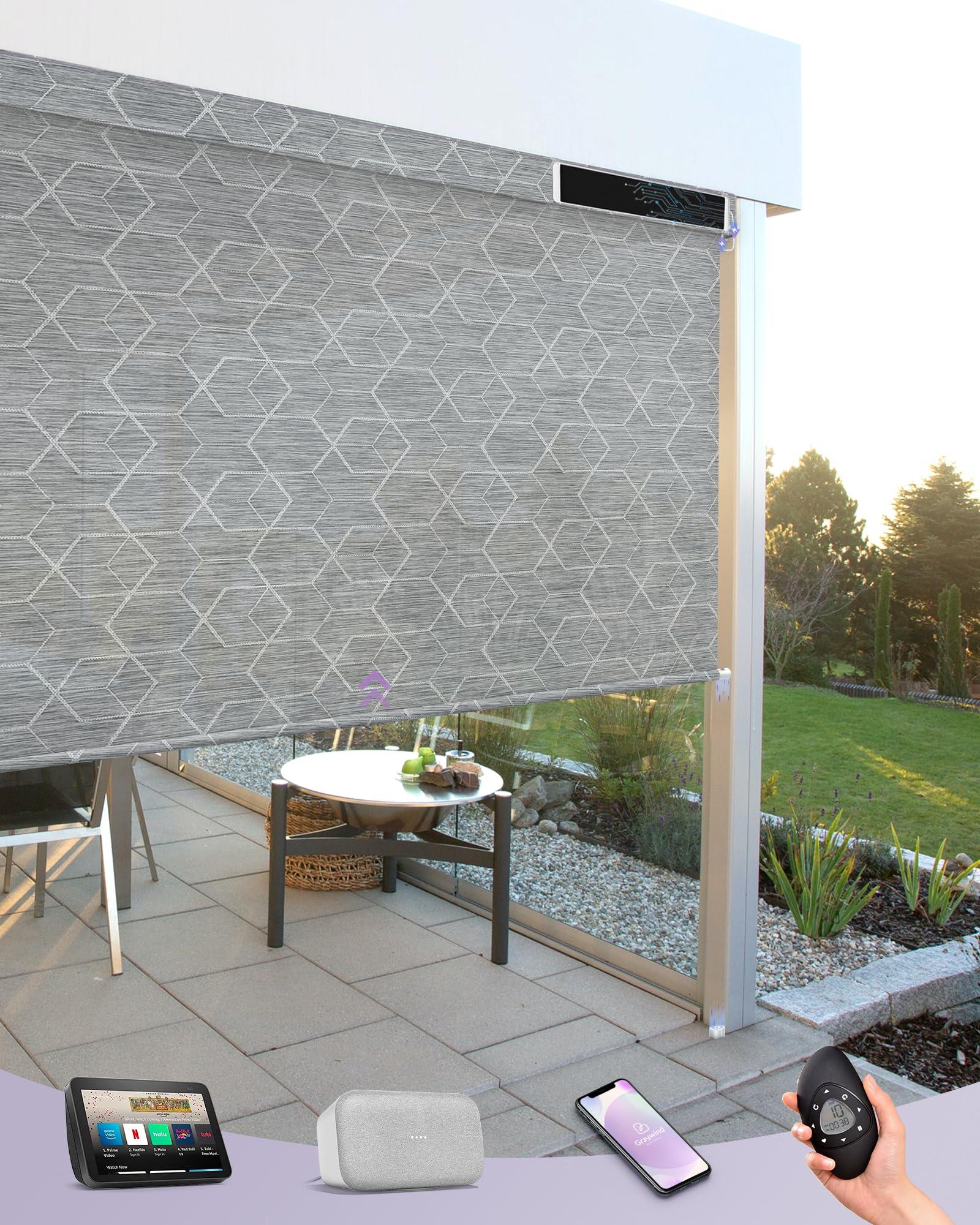 Graywind Graywind Motorized Outdoor Shades for Patio Compatible with Alexa Google Smart Sun Shades Exterior Solar Powered Blinds Electric Roller Shades for Patio Outside, Custom Size (1% Geometry Grey)