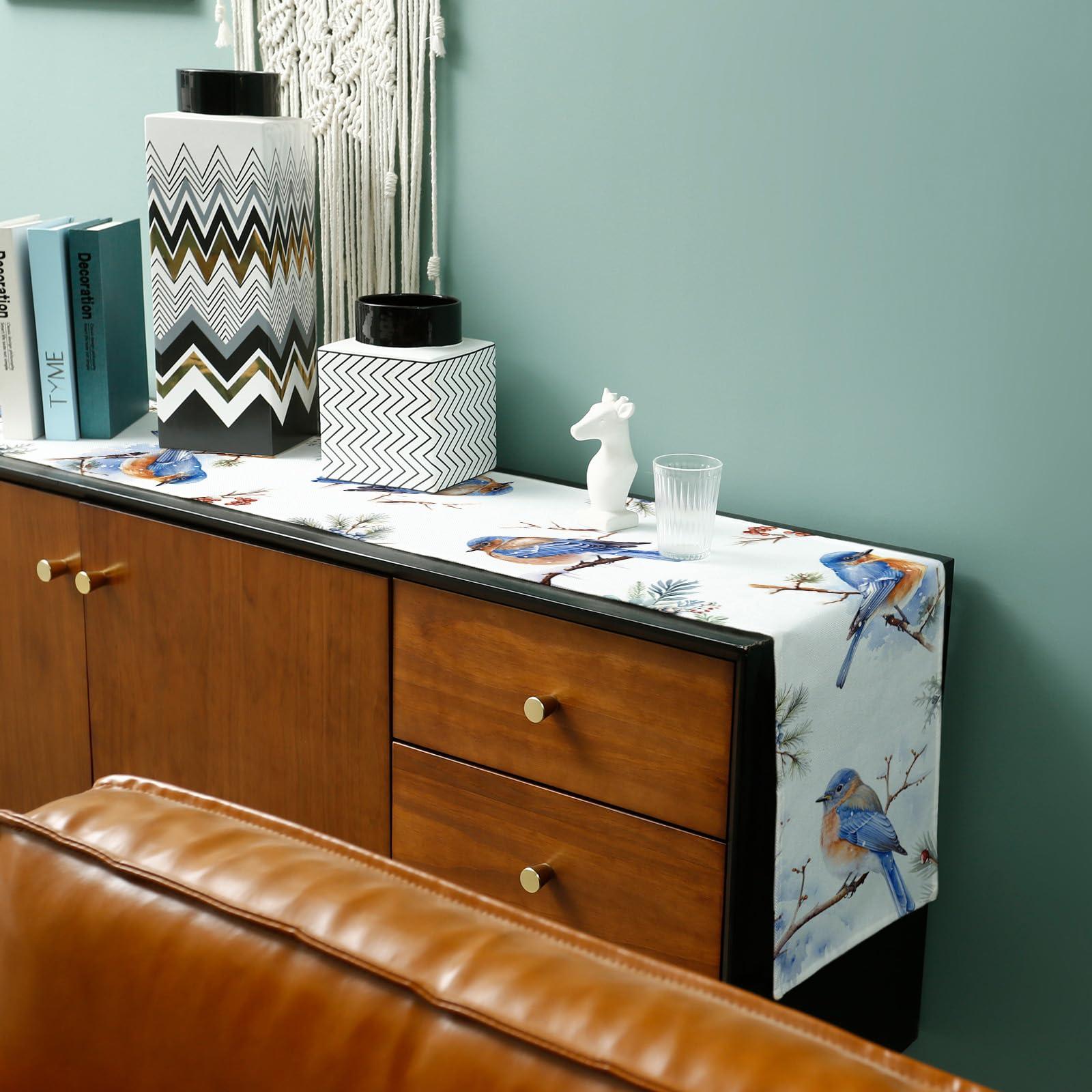 PIEPLE Blue Christmas Bird Table Runner-Cotton Linen-36 Inch Holiday Dresser Scarves, Winter Berry Snowy Pine Cones Tablerunner for Kitchen Coffee/Dining Bedroom Home Living Room Dinner Scarf Dcor 13x36