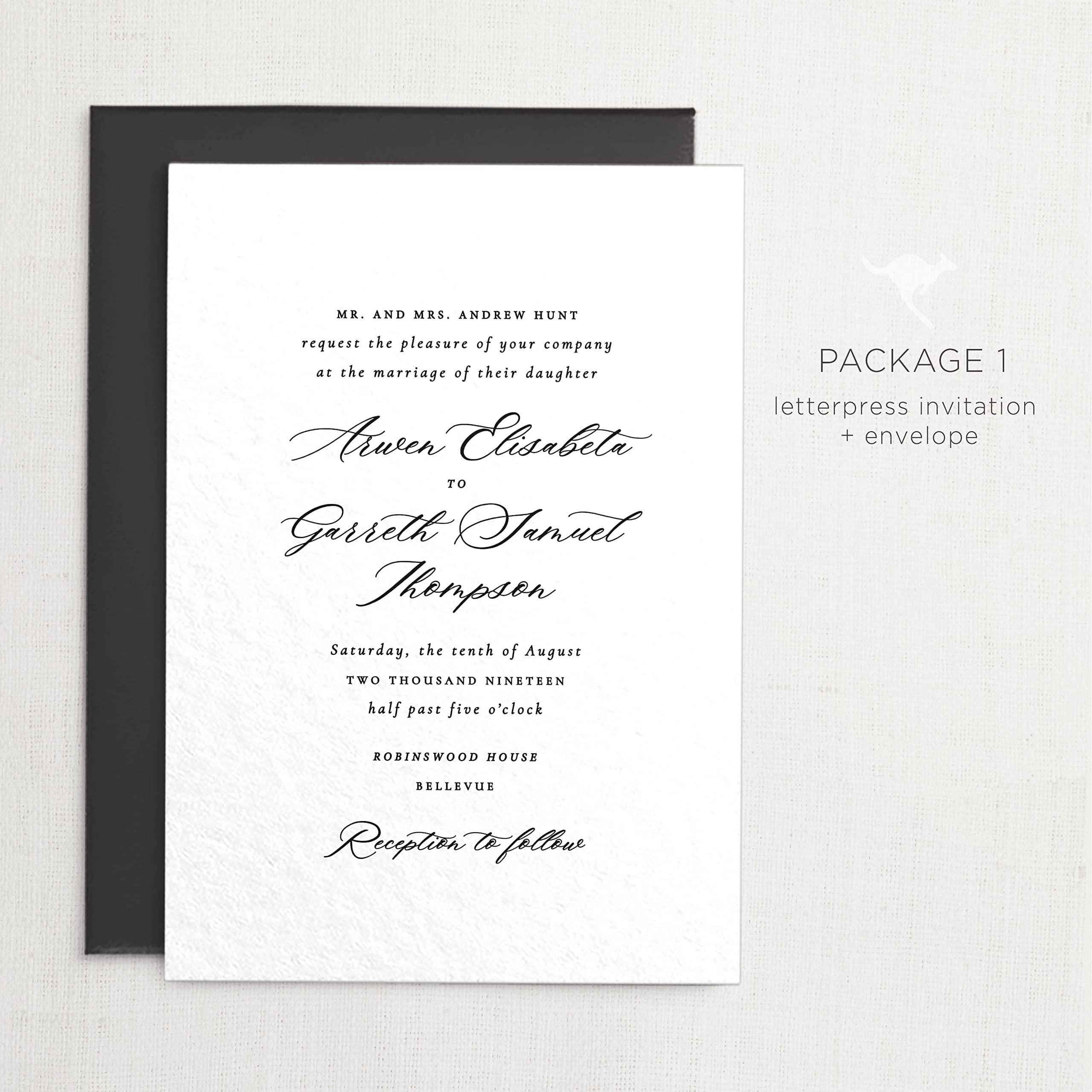 marsupial papers Letterpress Wedding Invitations | Customizable Elegant, Floral, Custom Printed | Arwen Wedding Invitation with RSVP Envelopes Details Cards (Set of 50, Package 4)