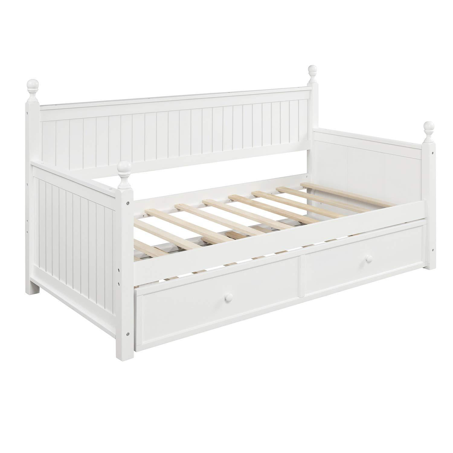 Royard Oaktree Royard Oaktree Twin Size Daybed with Trundle Wood Bed Frame with Twin Size Trundle Bed for Kids/Guest Bedroom Modern Sofa Bed for Living Room, No Box Spring Required, White