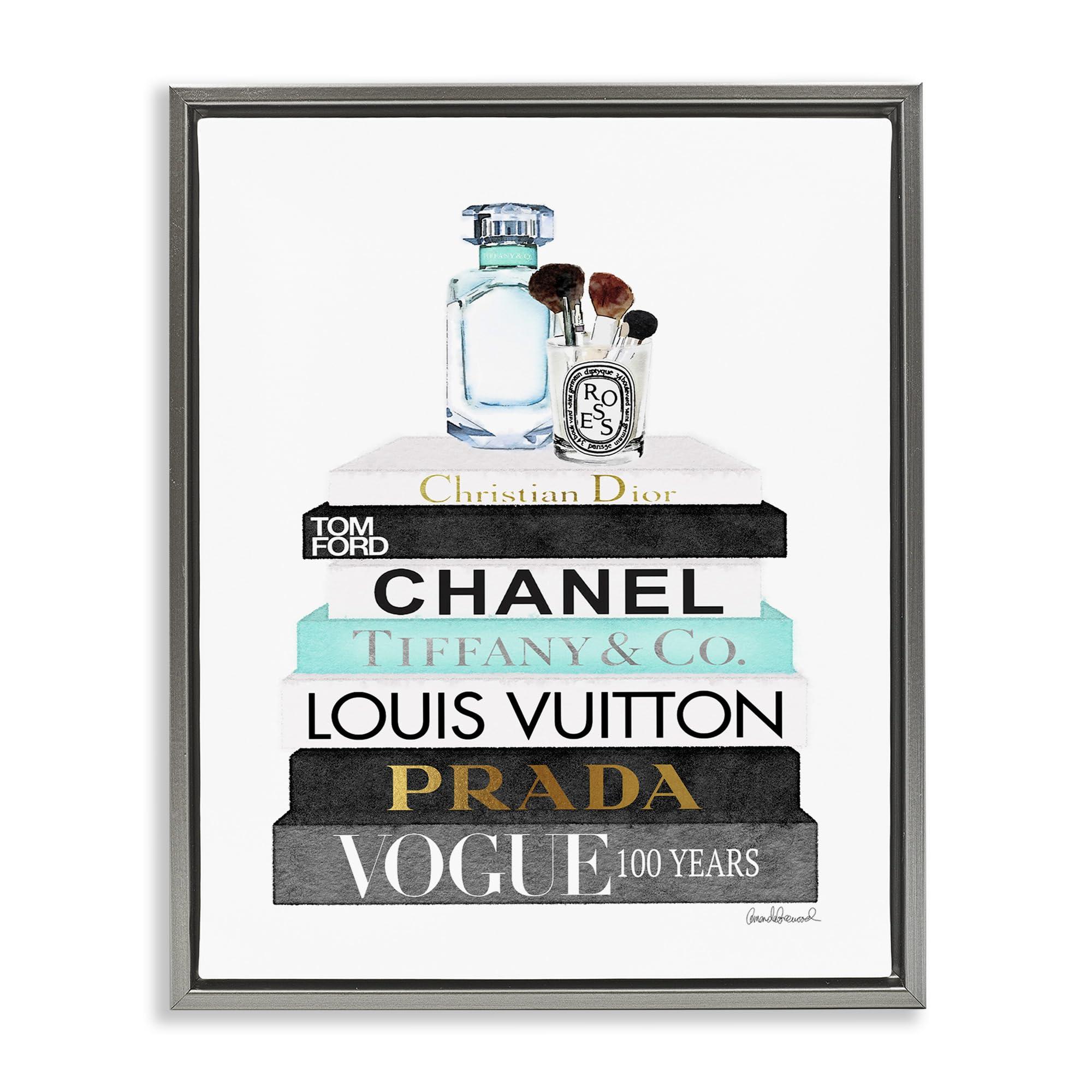 Stupell Industries Stupell Industries Book Stack Perfume Brushes Glam Fashion Watercolor, Design by Amanda Greenwood, Grey Floater Framed, 24 x 30