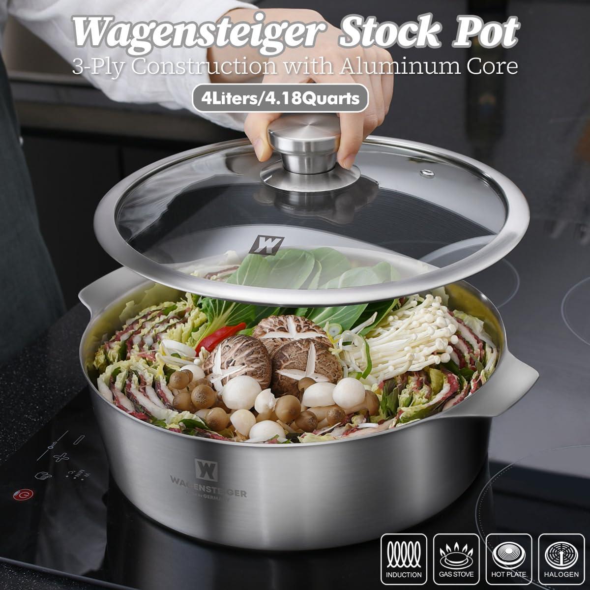 WAGENSTEIGER WAGENSTEIGER 4.18Quarts Stainless Steel Saut pan Casserole Pot with Tempered Glass Lid, Stock Pot, 3-Ply Construction with Aluminum Core, Stylish Design, Brushed Finish