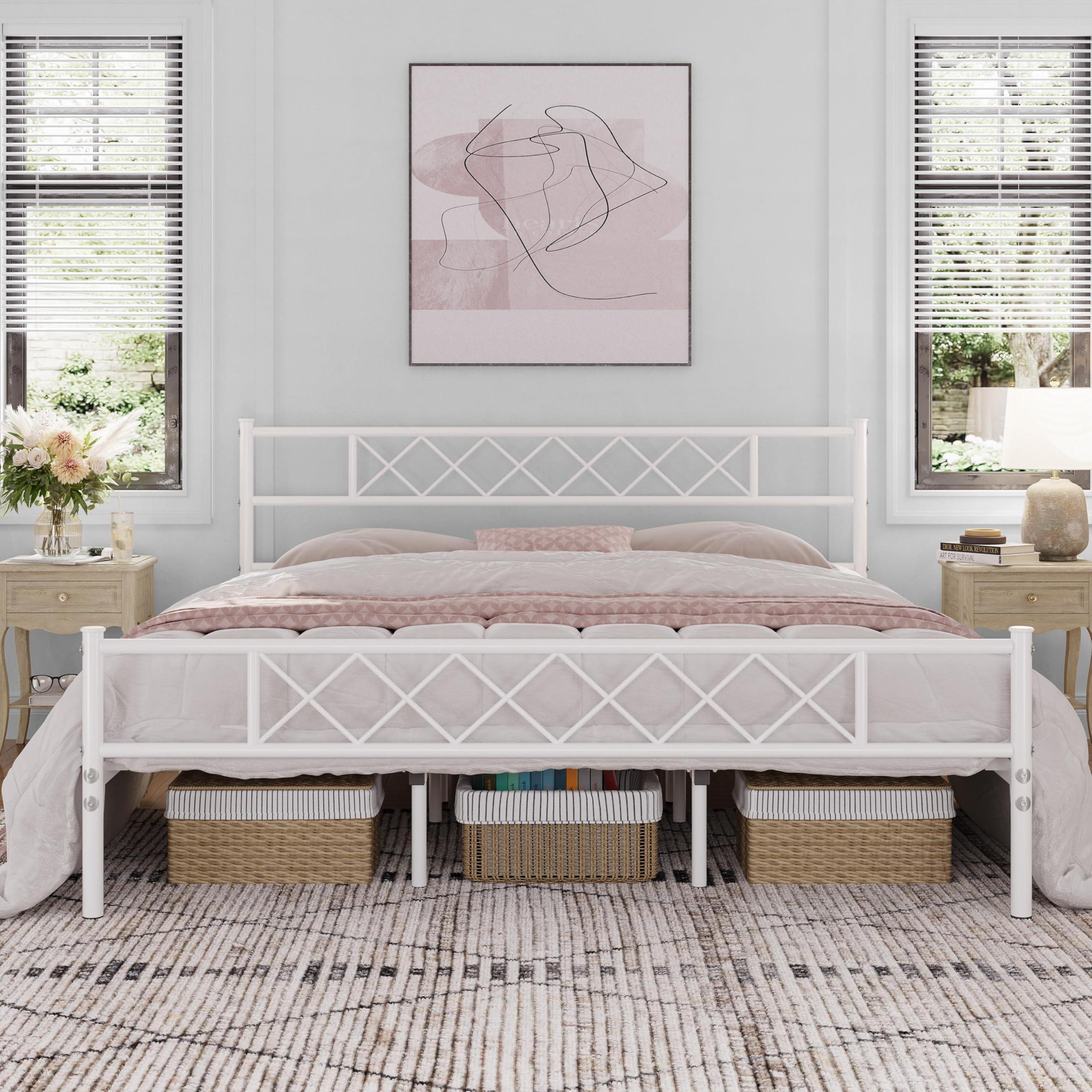 Yaheetech Yaheetech Metal Platform King Bed Frame Mattress Foundation with Headboard and Footboard No Box Spring Needed Under Bed Storage Steel Slats White
