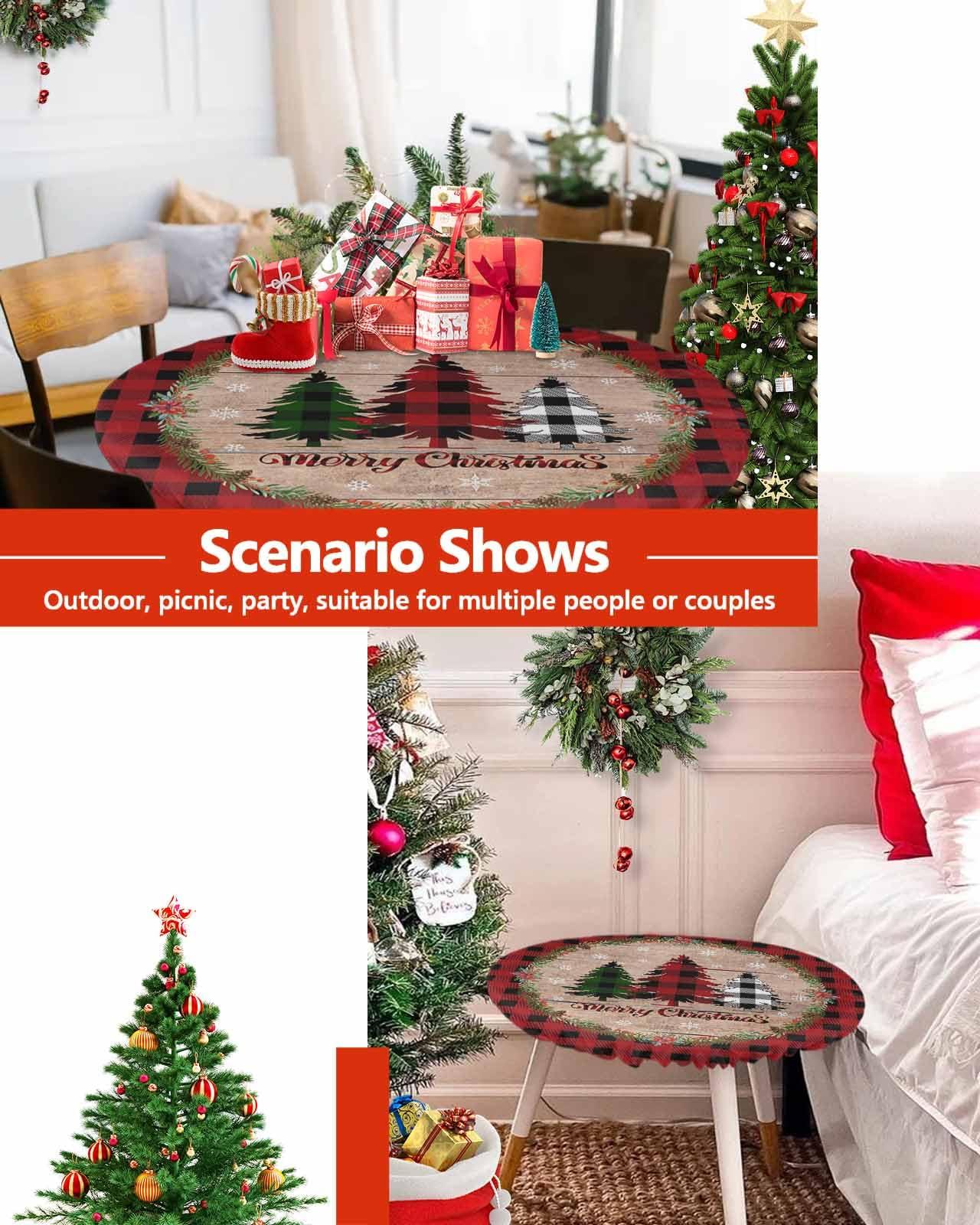Home L6 Christmas Tree Round Fitted Tablecloth with Elastic Buffalo Plaid Pine Tree Tablecloths Holly Wood Grain Table Cover for Kitchen Dinner Xmas Holiday Party Picnic Fits Tables up to 55\"- 60\" Diameter