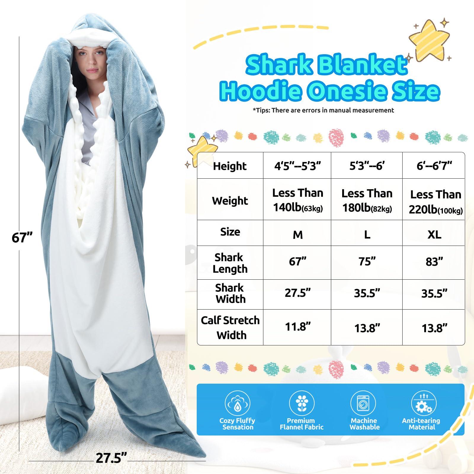 Touchat Touchat Shark Blanket Hoodie Onesie, Wearable Blanket Hoodie Adult, Warm Flannel Throw Blanket Shark Tail Sleeping Bag, Cartoon Costume Shark Onesie Funny Gifts for Adults (Blue, XL)