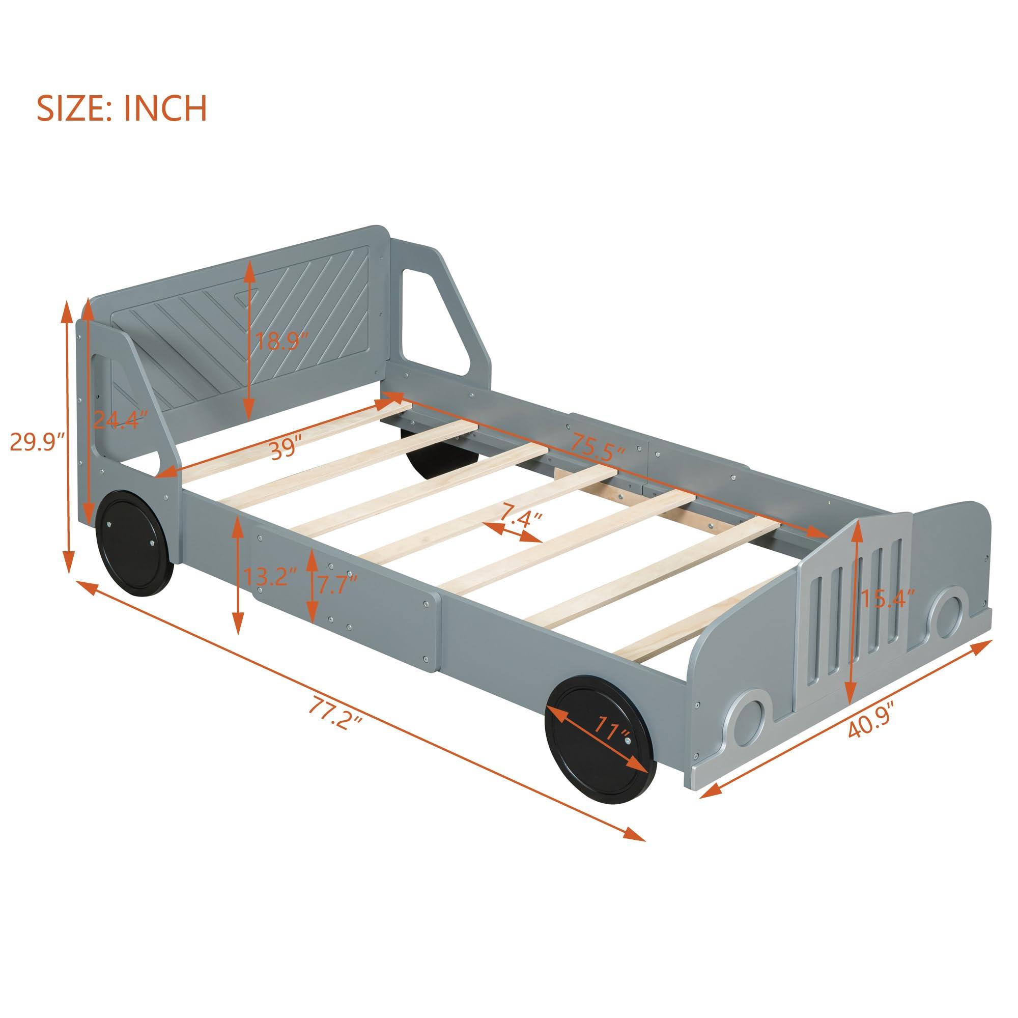 SOFTSEA SOFTSEA Twin Size Car Bed Frame, Car Shaped Bed for Boys Girls, Wooded Car Platform Bed Frame with Wheels and Guardrails, Floor Car Shaped Bed for Kids, No Box Spring Needed, Gray