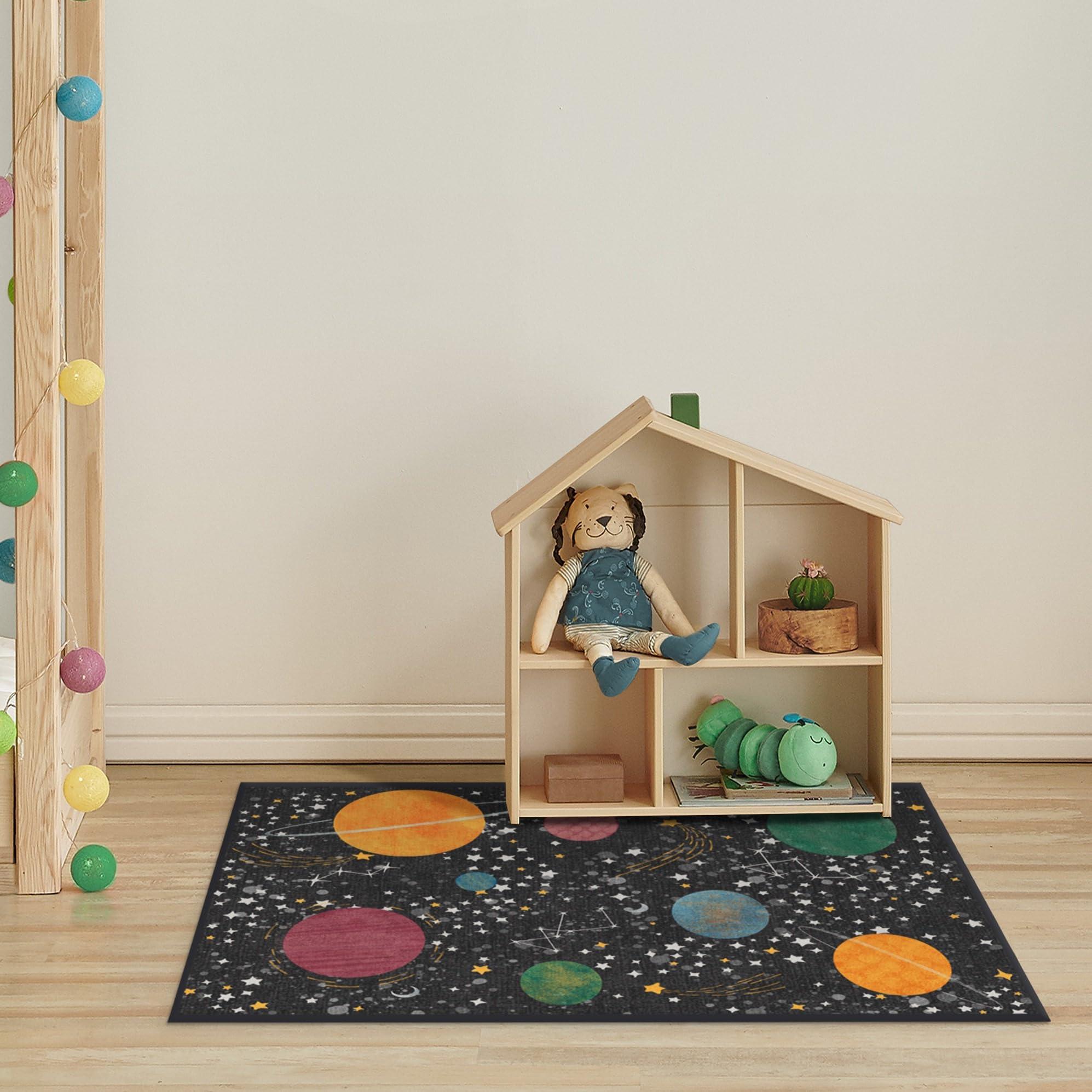 RUGGABLE Ruggable Washable 2x3 Area Rug, Rainbow, Premium Kids Rugs for Playroom, Living Room, Bedroom, Kitchen, Office with Gripper Non Slip Pad, Outer Space Black