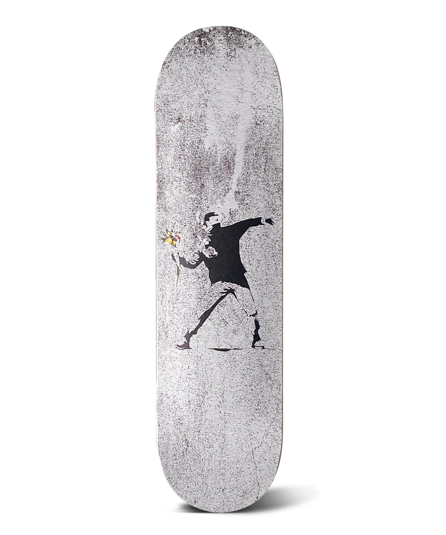 SkateCube Skateboard Canvas Wall Art Banksy Flower Thrower Art | 7 Ply Maple Wood Skateboard Deck | Graffiti Canvas Wall Art for Home Decor, Room Decor, Bathroom Wall Decor | Banksy Wall Art Canvas Large |