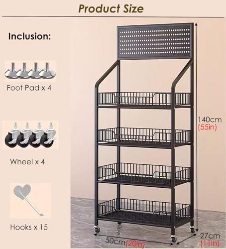 SRNSAEB SRNSAEB 3/4/5-Tier Movable Wire Shelving Unit Storage Rack, Large Capacity Kitchen/Bakery/Convenience Store Storage Shelf Organizer, Supermarket Display Rack (Color : Black, Size : 4-Tier)