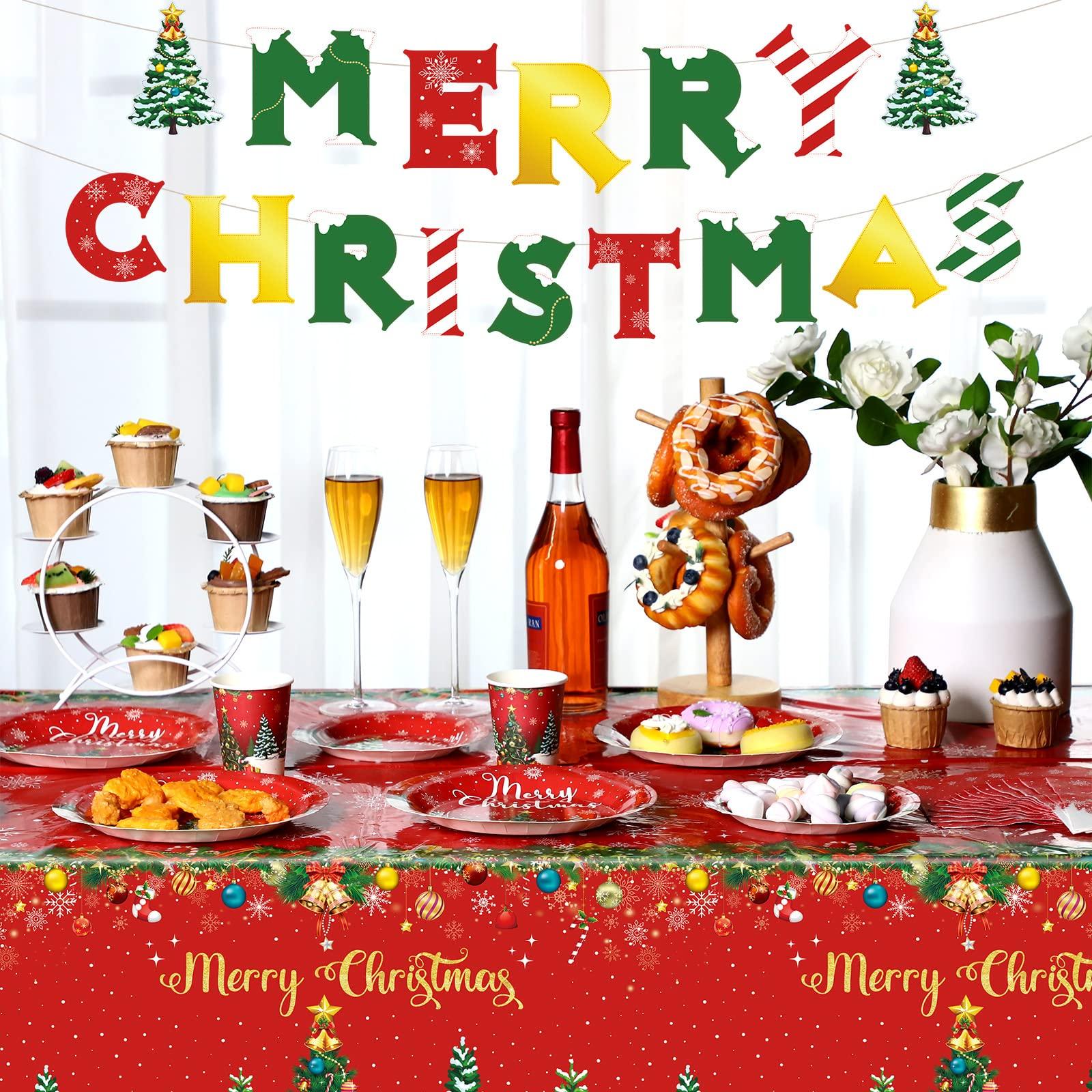 Tiamon Christmas Party Supplies Tableware Set Xmas Party Decoration Christmas Tree Paper Plates Napkins Snowflakes Tablecloths Merry Christmas Banner Holiday Disposable Dinnerware Serves 24 Guests