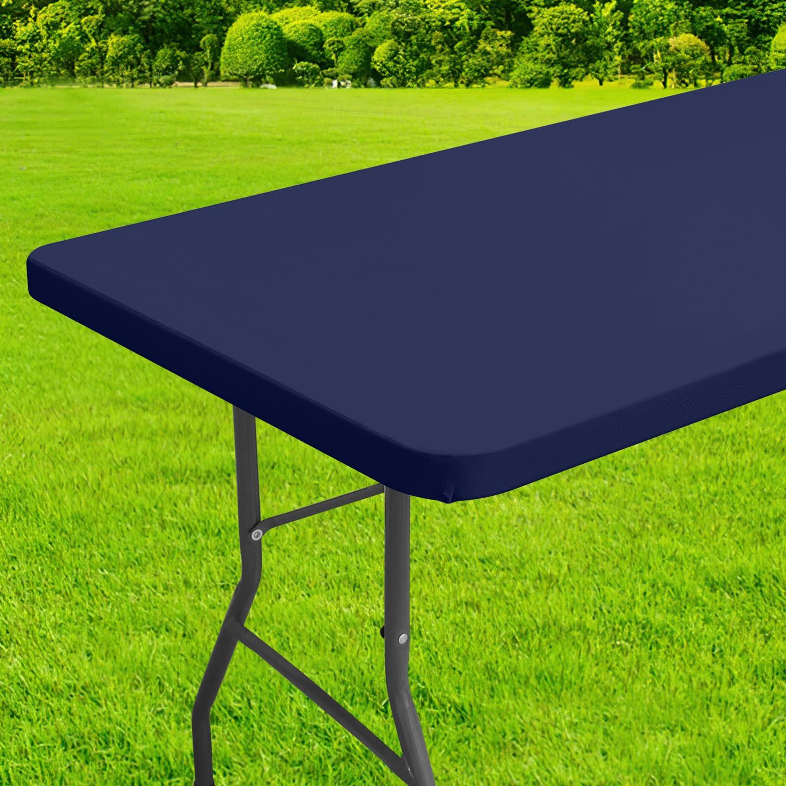 homing homing Rectangle Table Cloth Cover, Waterproof Polyester Elastic Fitted Tablecloth, Fits for 8 Foot Folding Tables, Washable Table Protector for Picnic, Camping, Outdoor (Navy Blue, 30\" x 96\")