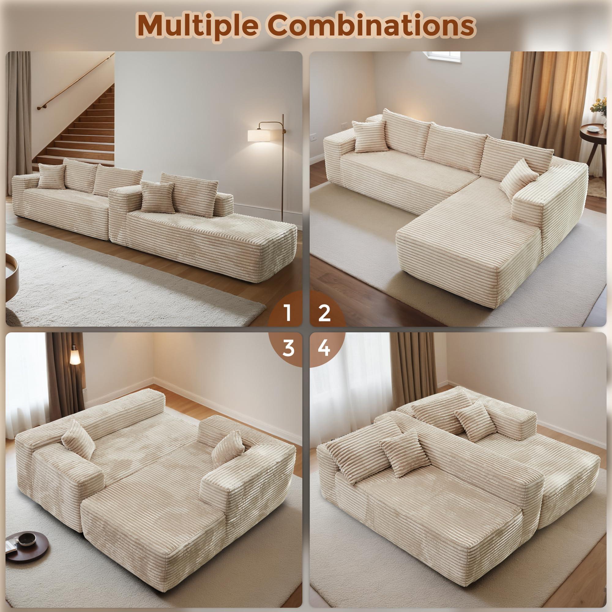 OOBOLT 104" Cloud Couch Deep Seat, L Shape Couches for Living Room, No Assembly Required, Sectional Sofas with Right Chaise, Beige Plush Velvet