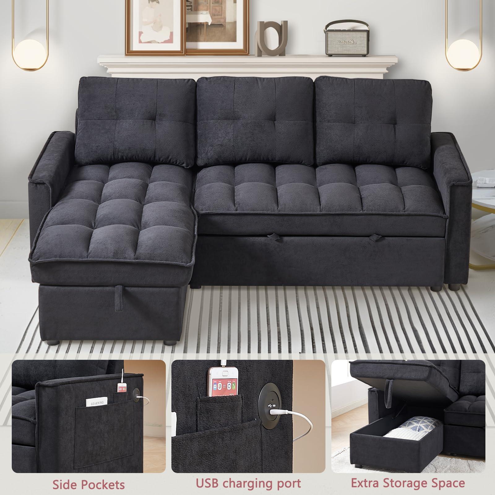 XUWANSHANG 78.75"L Shaped Sleeper Sofa Couch,Chenille Pull Out Couch,Reversible Sectional Sofa Bed with USB and Tape-c,Sleeper Sectional Sofa with Side Pockets,4 in 1 Pull-Out Sofa bed for Living Room (Black)