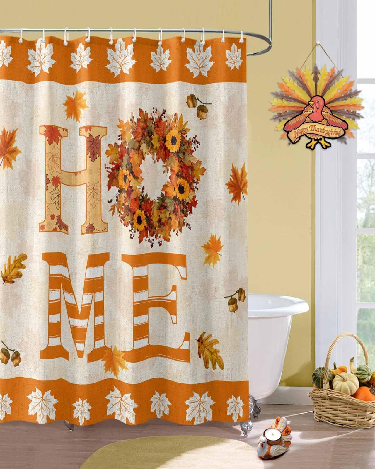 Yukro Fall Home Shower Curtain 36x72 Inch, Thanksgiving Farmhouse Maple Leaves Waterproof Bath Curtain with 12 Hooks, Home Marple Leaves Washable Polyester Wrinkle Free Shower Curtains for Bathroom Decor