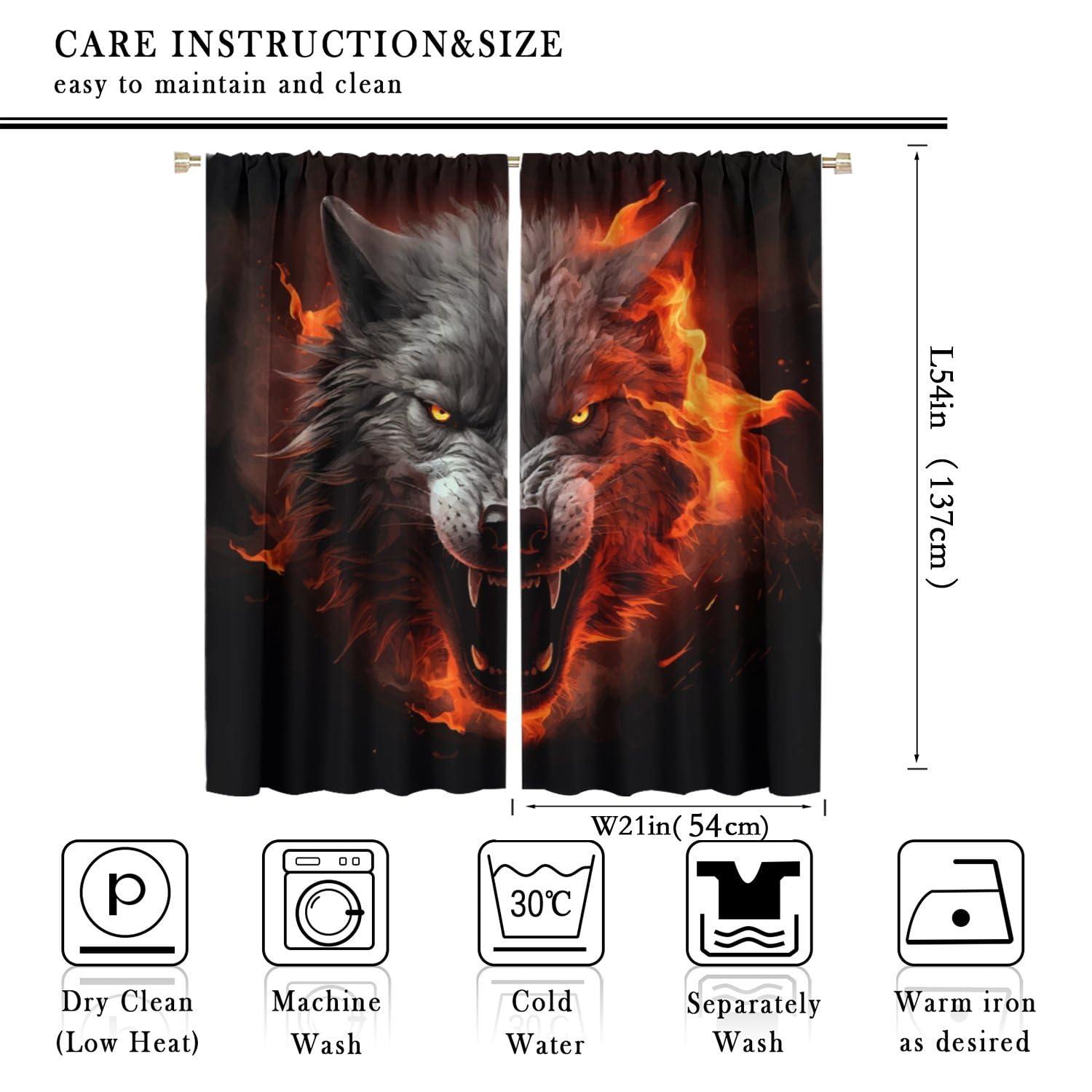 BATPLY Wild Animal Curtains, Black Red Fantastic Cool Scary Real Wolf Head with Burning Fire, Thermal Insulation Blackout Rod Pocket Window Treatments for Living Room Bedroom Bathroom (21x54in) x2 Panels