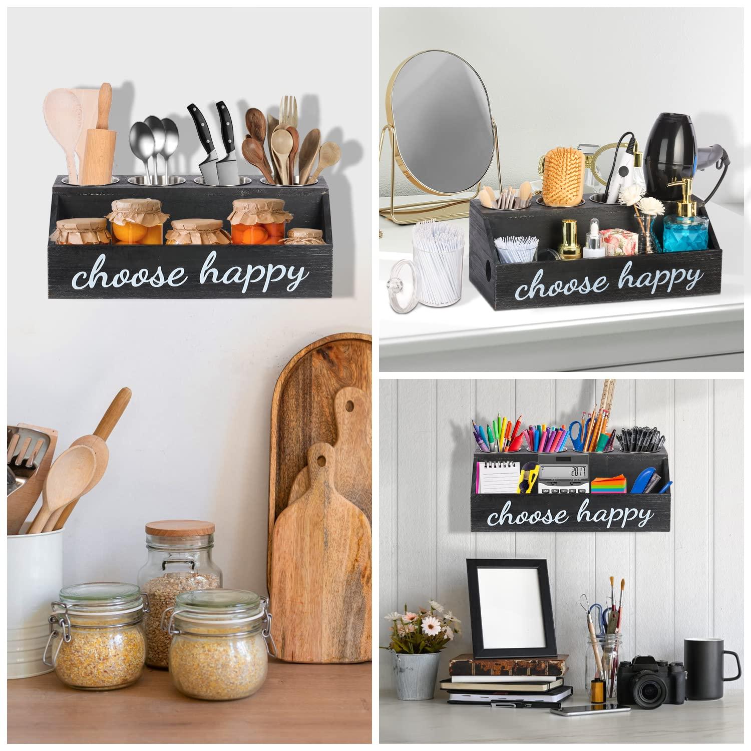 PHUNTTEK Hair Tool Organizer, 5 Compartments Hair Dryer Holder Wall Mounted/Countertop Rustic Black Wood Bathroom Organizer Blow Dryer Holder Hot Hair Tools Curling Iron Holder Vanity Cabinet Storage Stand