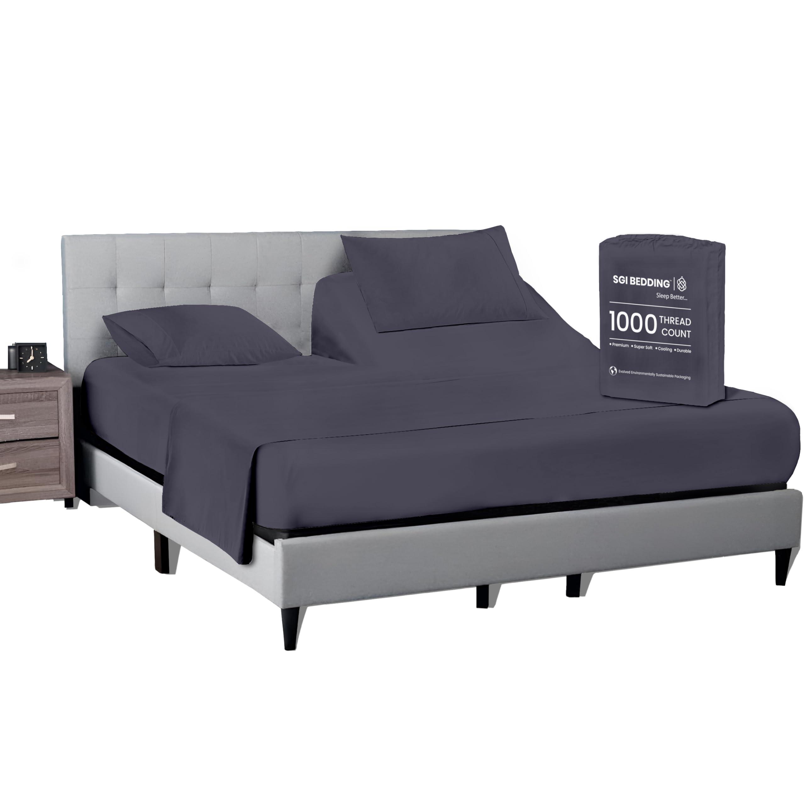 SGI bedding SGI bedding 34\" Cal King Split Top Flex Head Sheet 100% Egyptian Cotton Sheet Set 1000 Thread Count Flex Top Sheet for Adjustable Bed 4Pc Sheet Set 18\" Deep Pocket for Sleep Number Bed - Dark Gray