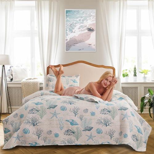 Junsey Junsey 3Pcs Ocean Theme Quilts Set Full/Queen Size Lightweight Coastal Bedding Beach Theme Bedspread Coverlet All Season Nautical Bed Sheet with 2 Pillowshams(Light Blue, Full/Queen)