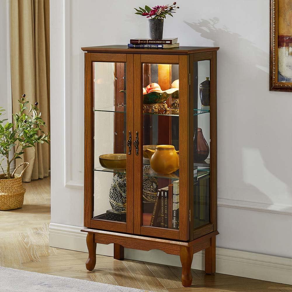 Anwick Anwick China Cabinet &Curio Cabinets with Glass Doors, Lighted Display Cabinet with Mirrored Back Panel, Tempered Glass and 3 Tiers Adjustable Shelves (Oak)