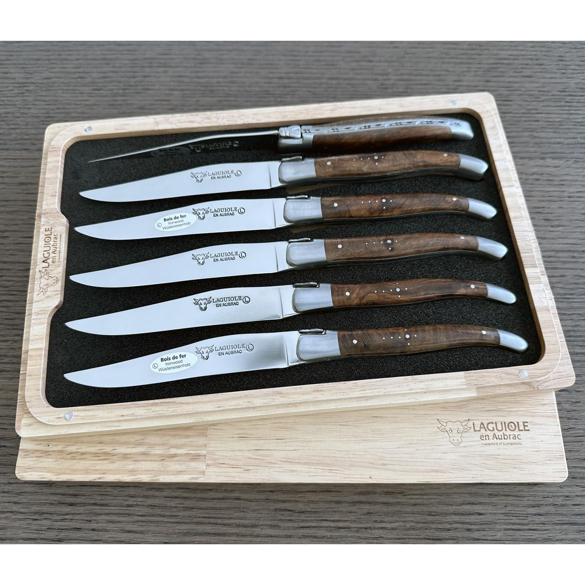 LAGUIOLE EN AUBRAC L Laguiole en Aubrac Luxury Fully Forged Full Tang Stainless Steel Steak Knives 6-Piece Set, Rich Desert Ironwood Handles, Stainless Steel Brushed Bolsters