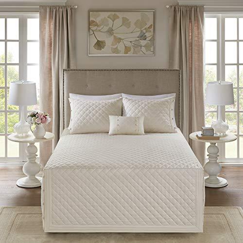Madison Park Madison Park Breanna 100% Cotton Fitted Bedspread Classic Traditional Design All Season, Lightweight, Bedding Set, Matching Shams, Queen(60\"x80+24D), Diamond Quilted Ivory 4 Piece